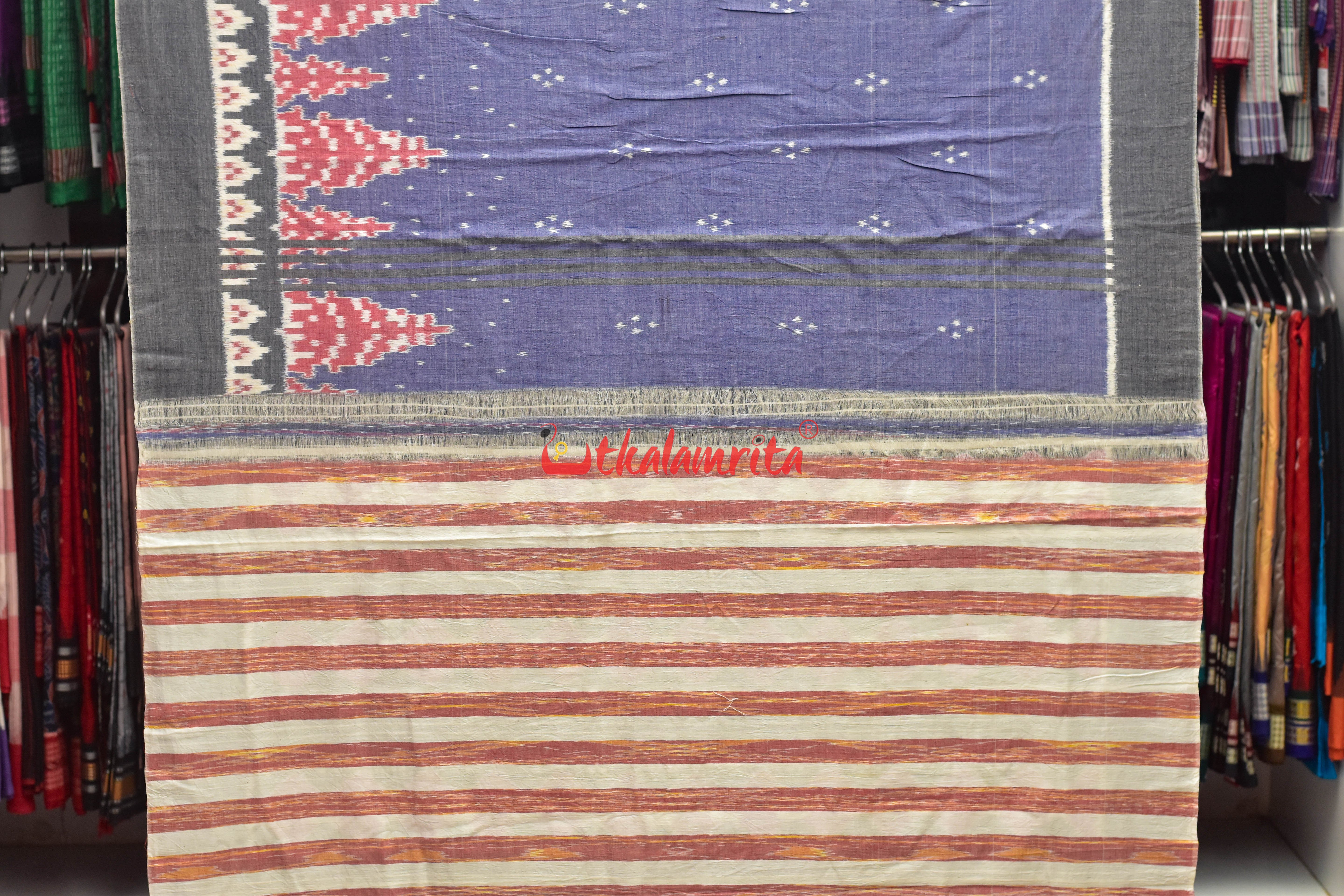 Light Blue Grey Border Ikat Cotton Saree