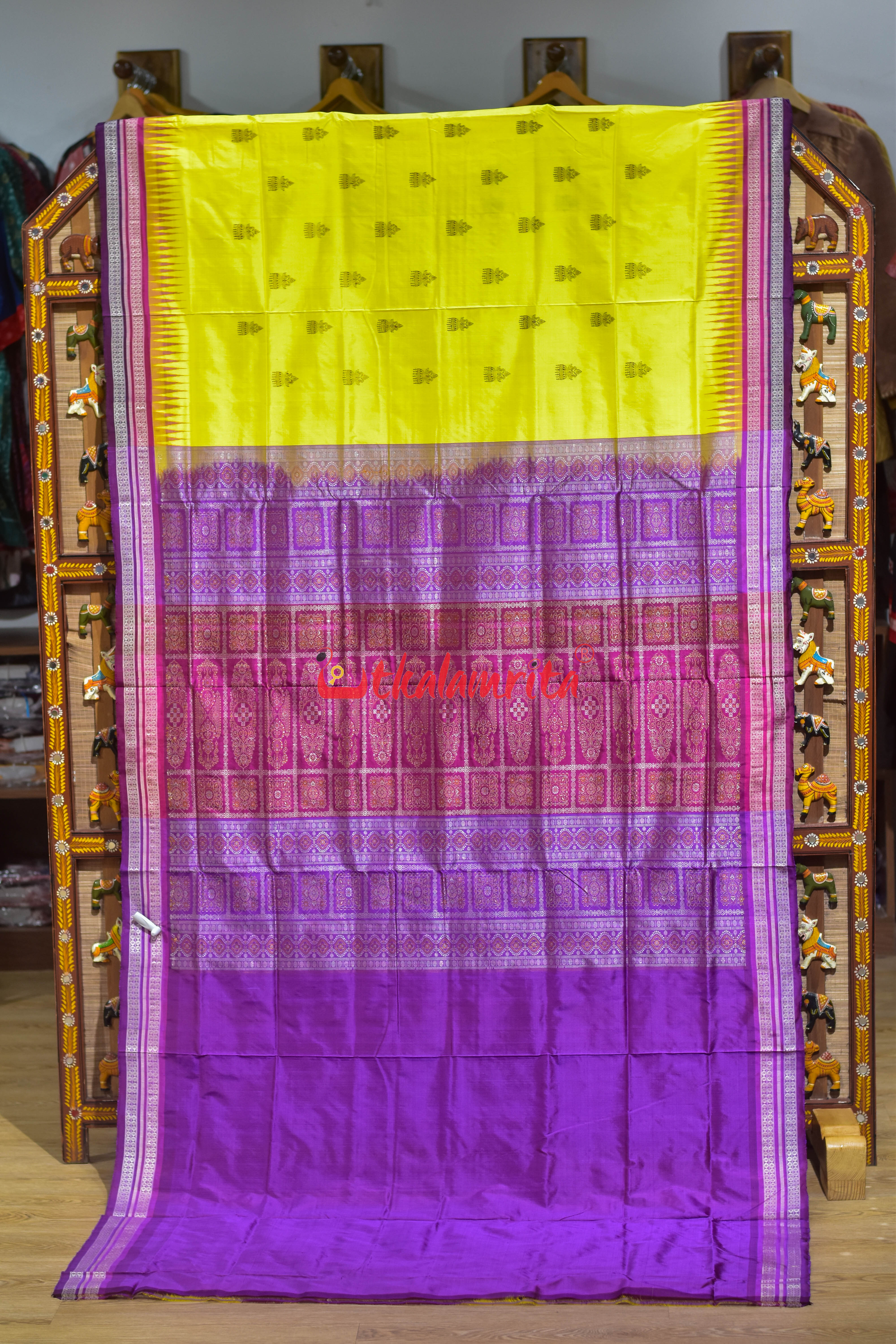 Yellow Body Kana phula Double Border Bomkai Silk Saree