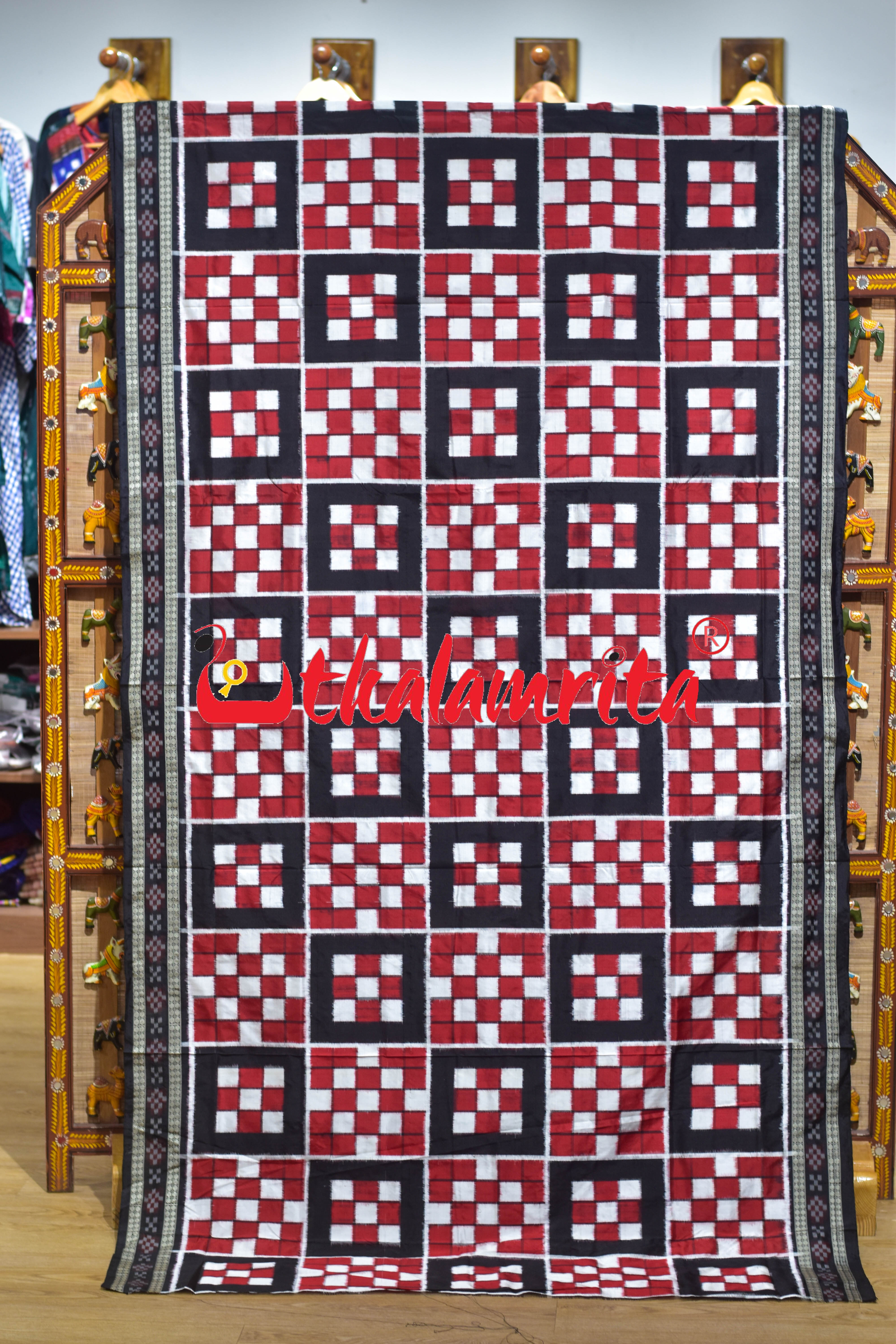 5 Kuthi Red Black White Pasapali Sambalpuri Silk Saree