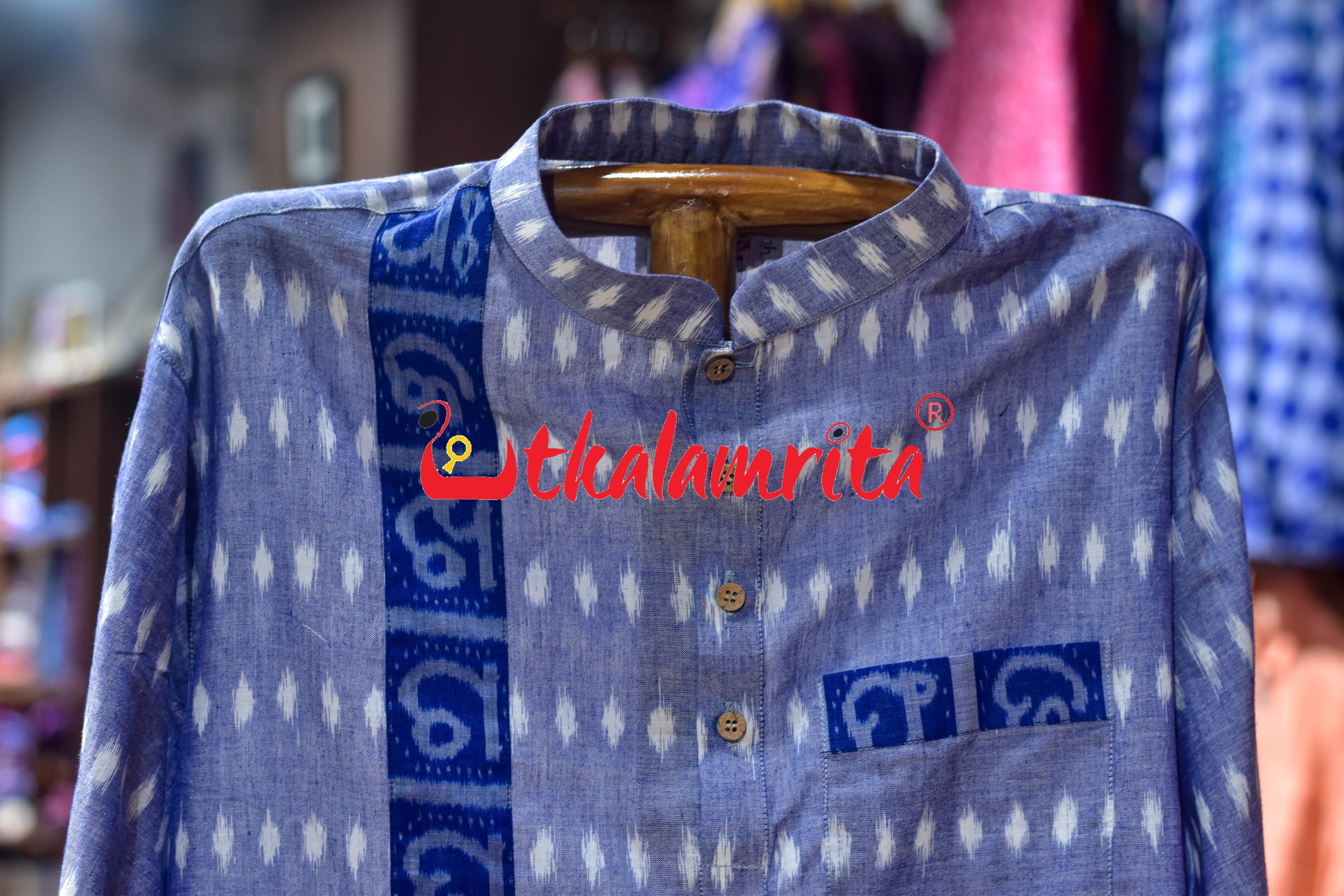 Sky Blue Godi Bindu Odia Alphabets (Men's Short Kurta)