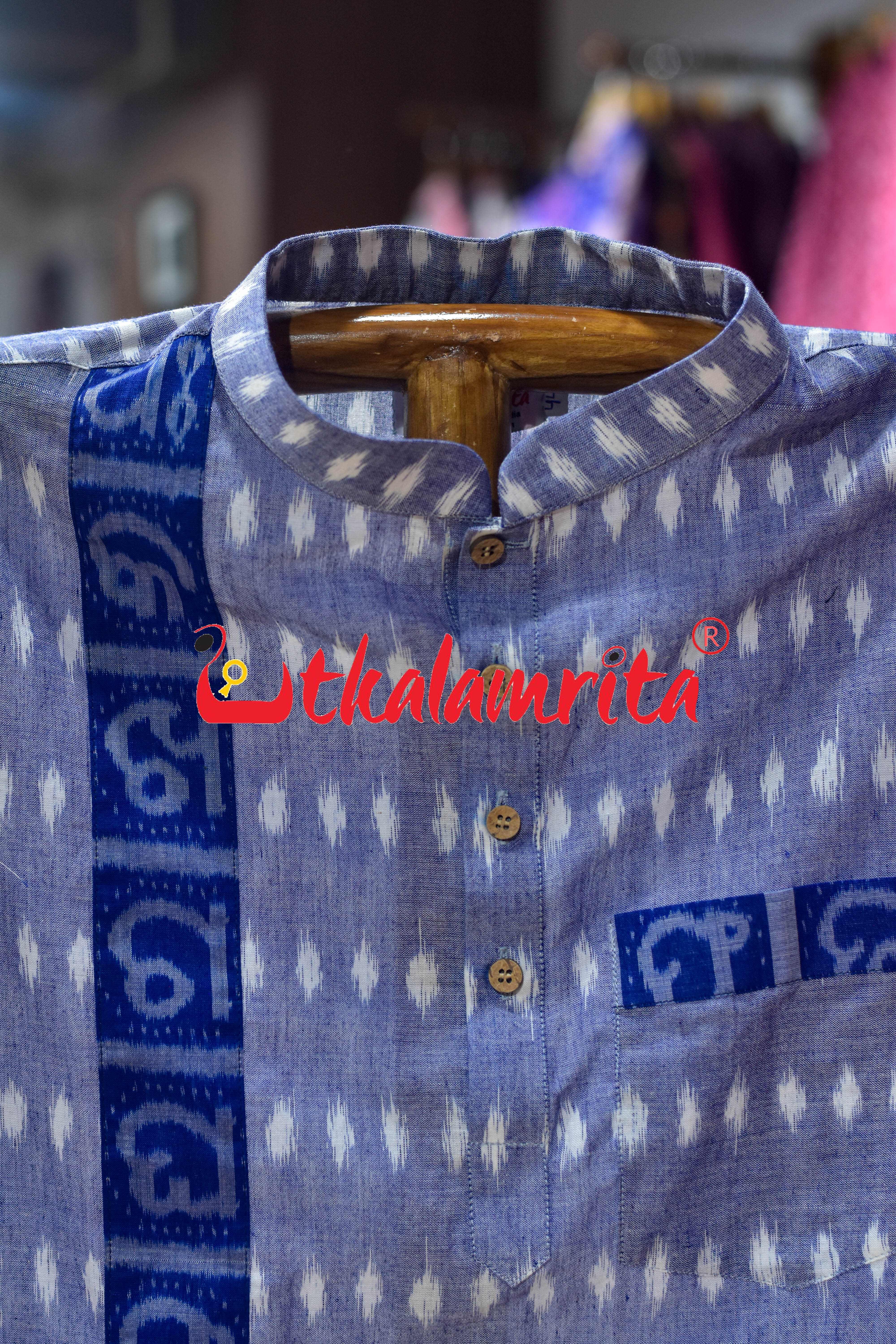 Sky Blue Godi Bindu Odia Alphabets (Men's Short Kurta)