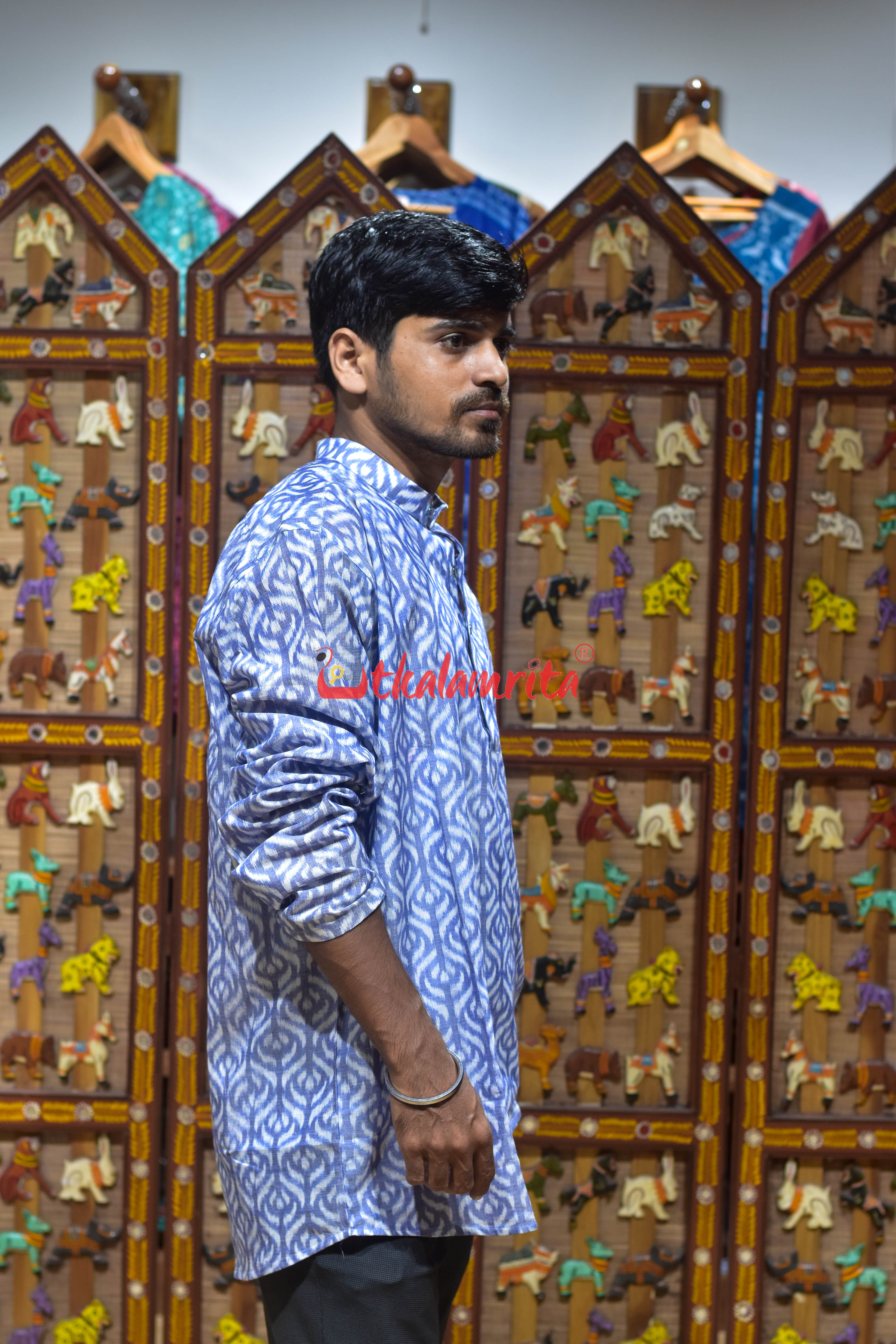 White Blue with Flowers (Men's Short Kurta)