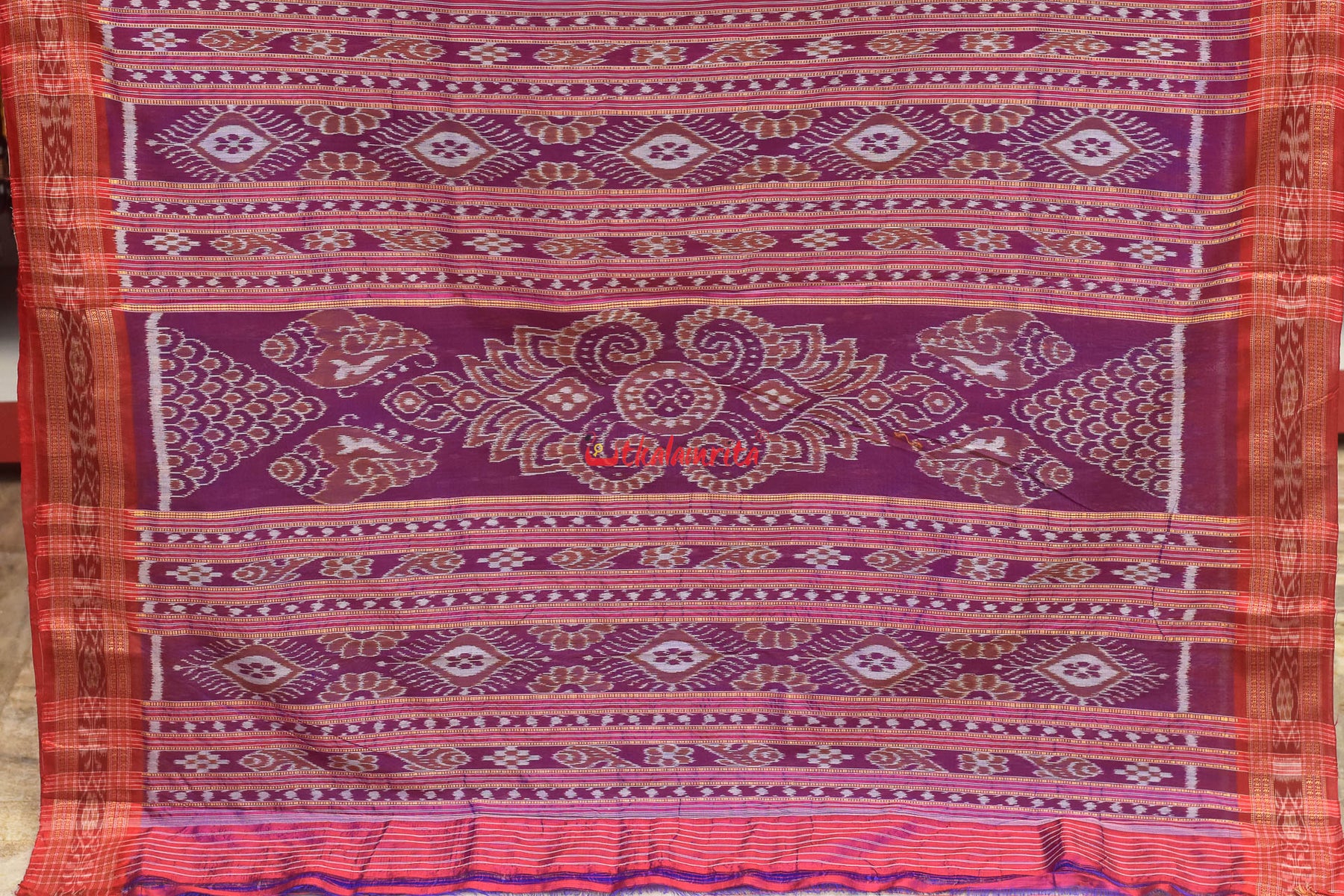 Purple Red Mayura Chandrika Khandua Silk Saree