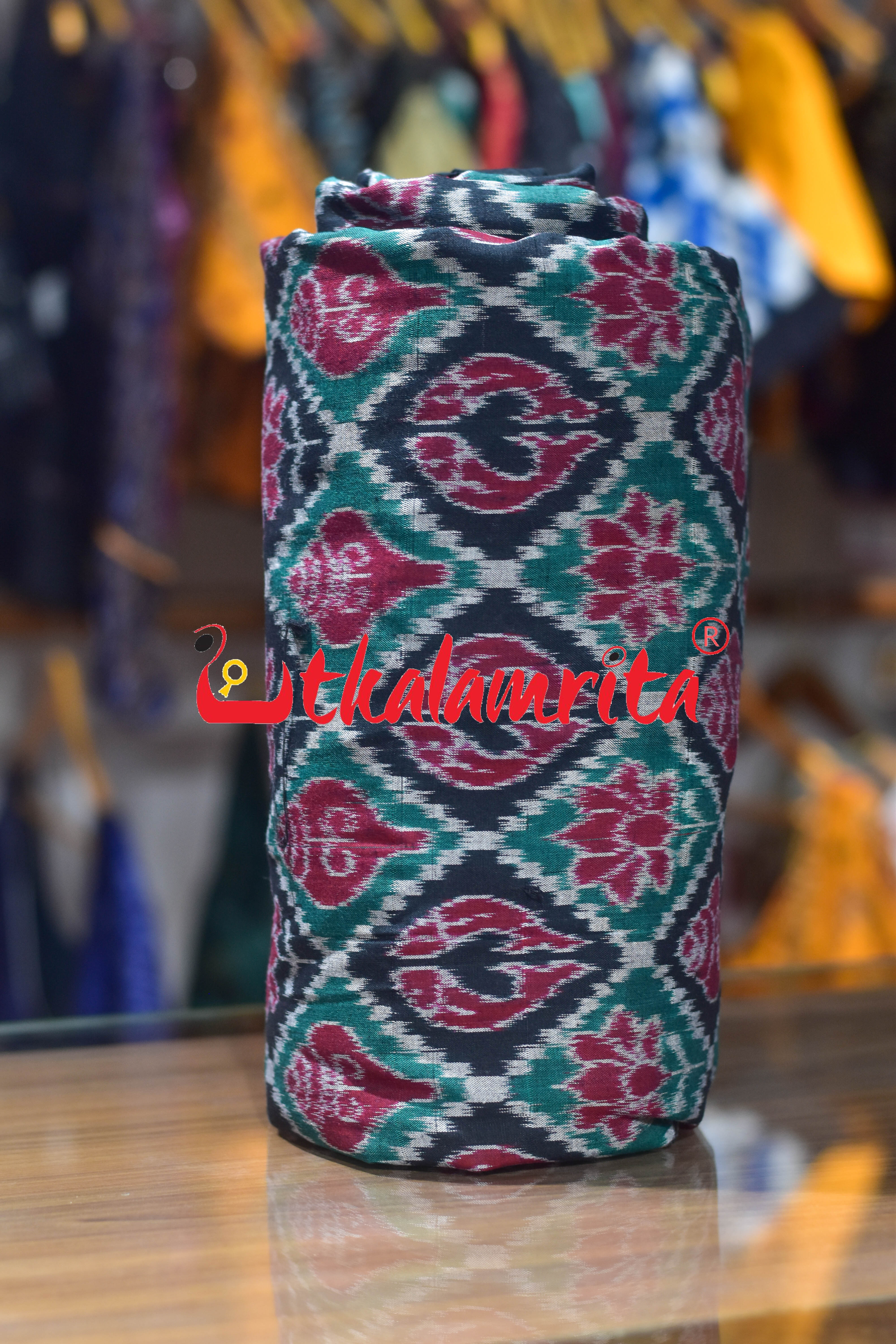 Fish Lotus Sankha Black Green Sambalpuri Cotton (Fabric)