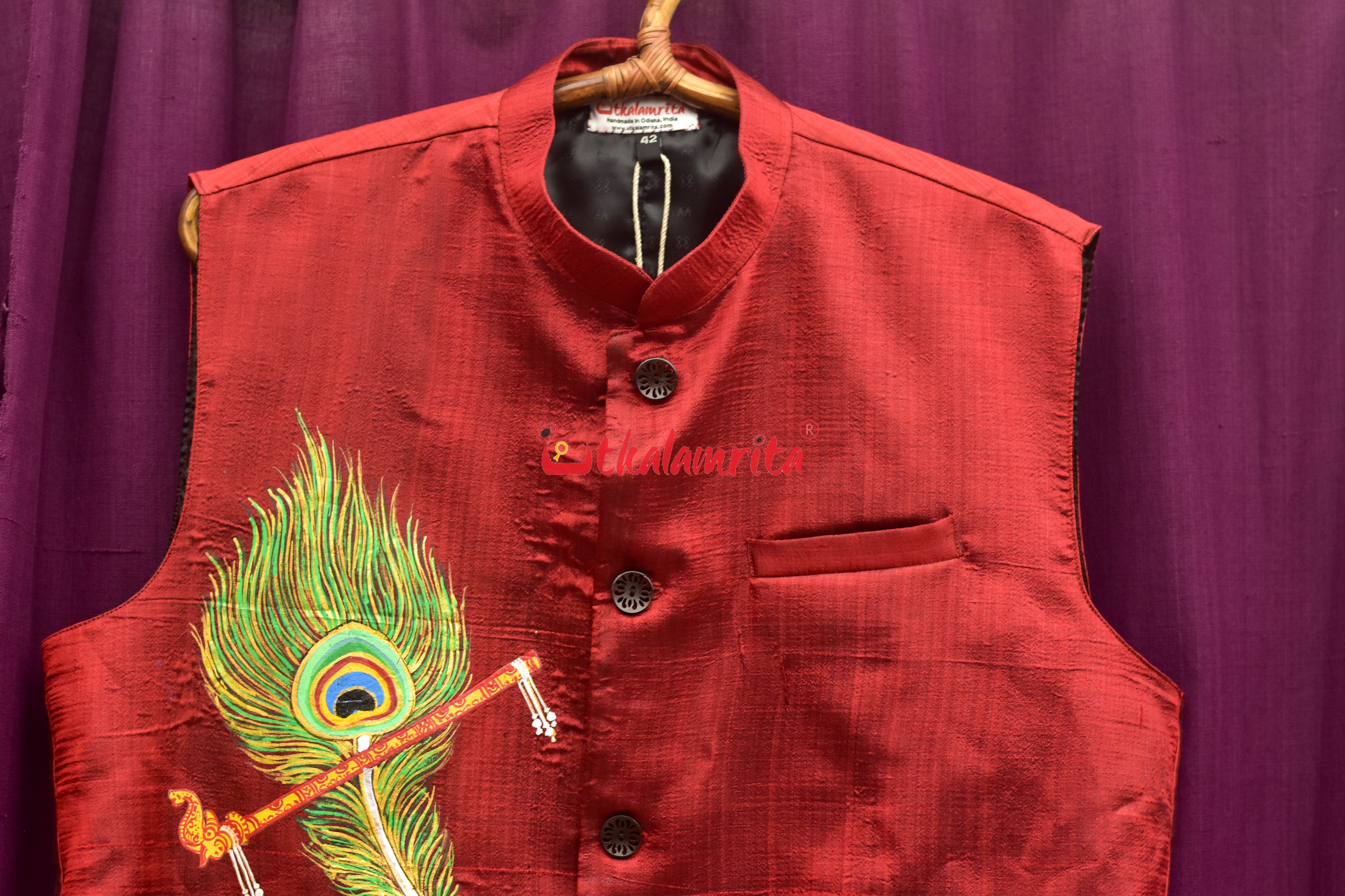 Maroon Mayura Puchha Silk Pattachitra (Mens' Modi Jacket)