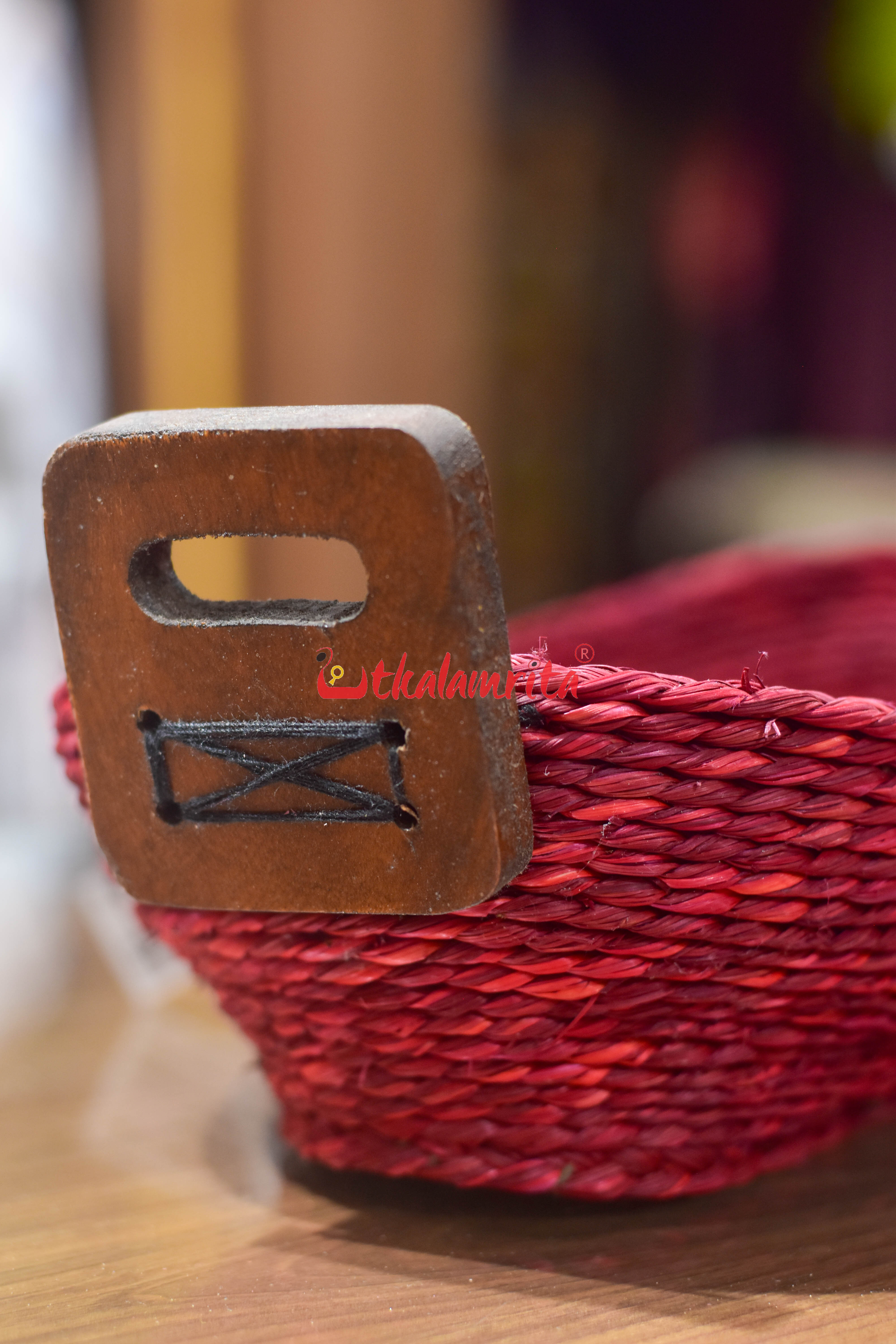 Sabai Grass Bread Basket with Wooden Handle (Maroon Color)- Small