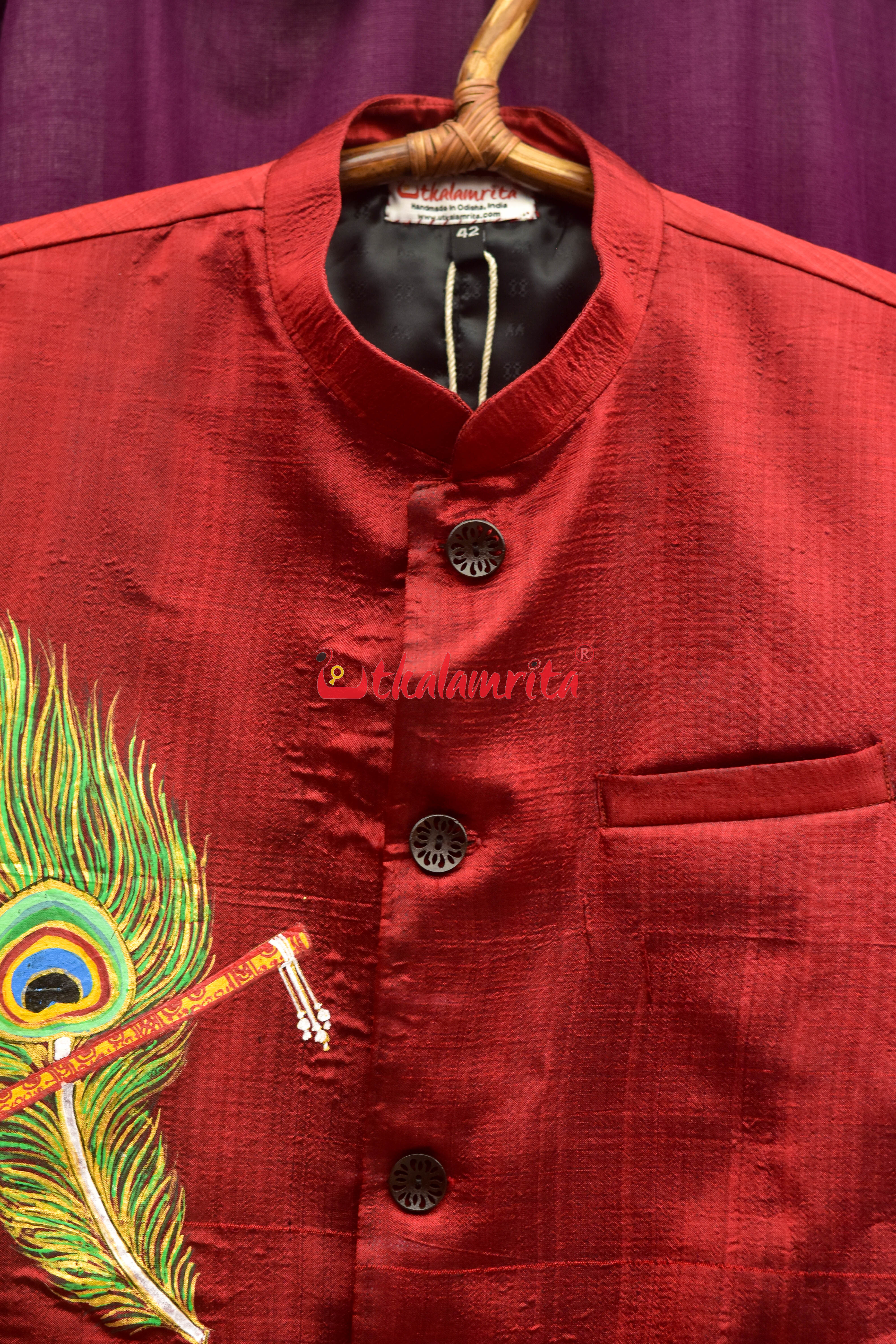 Maroon Mayura Puchha Silk Pattachitra (Mens' Modi Jacket)