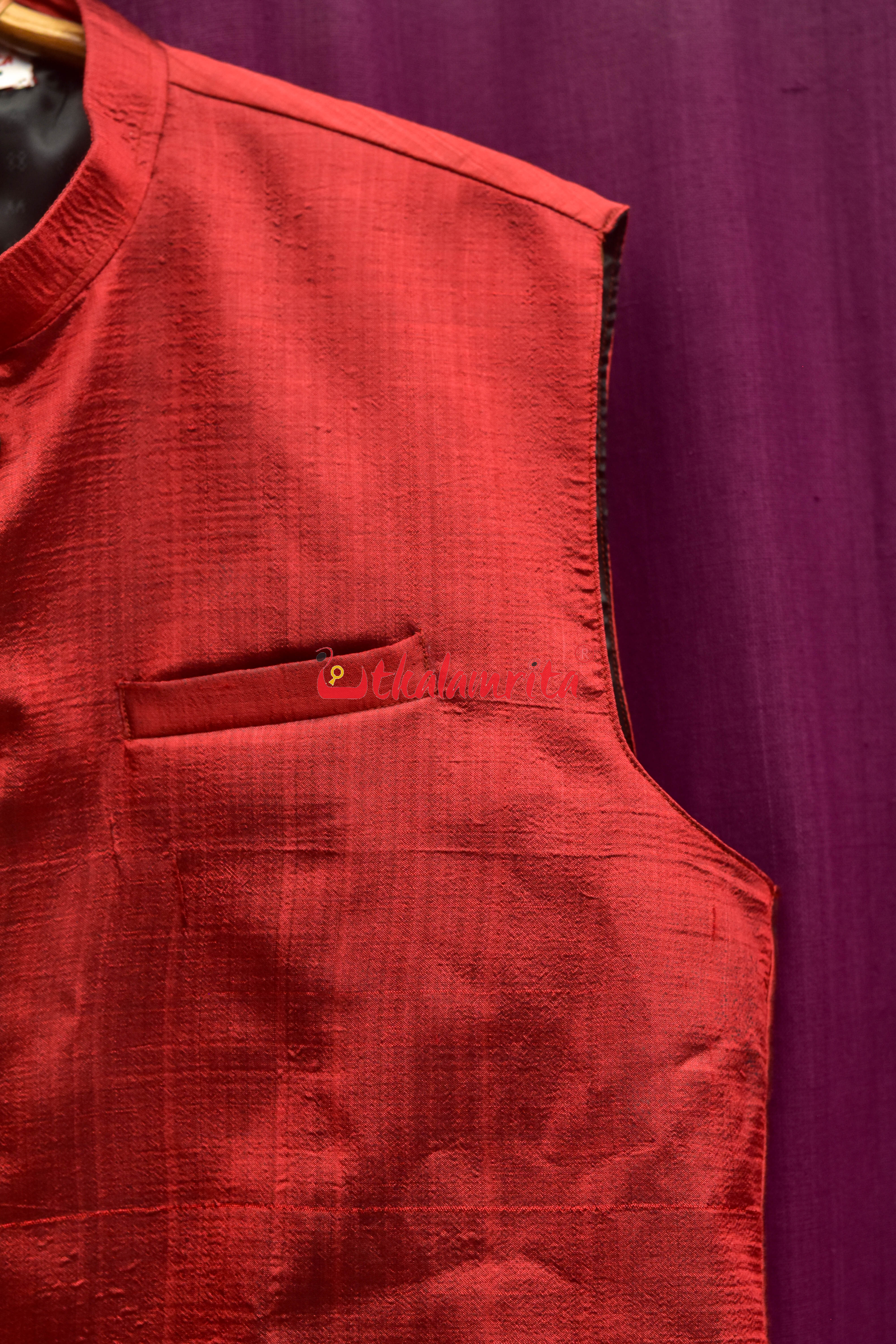 Maroon Mayura Puchha Silk Pattachitra (Mens' Modi Jacket)