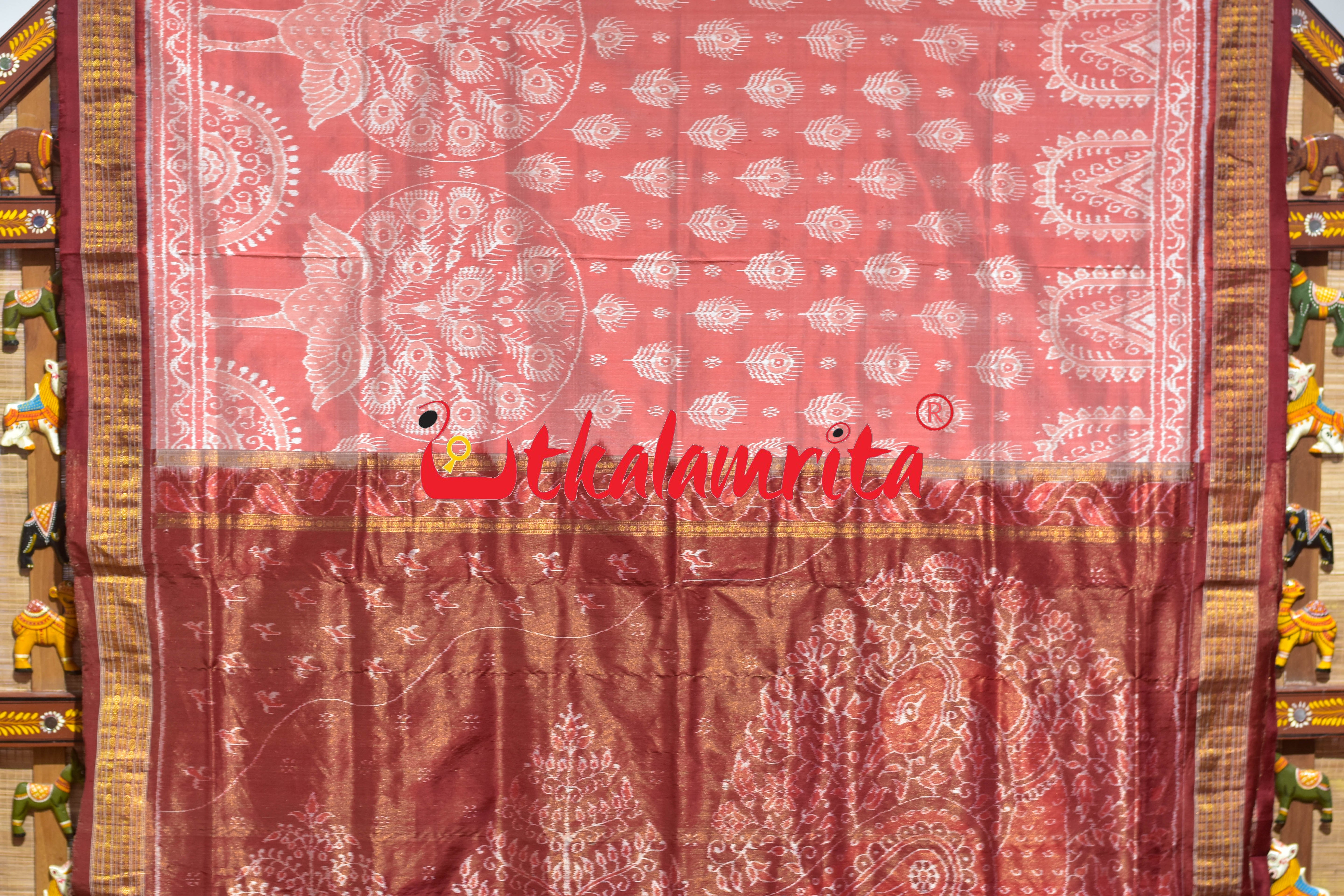 Peach Mayura Sambalpuri Bandha Half Tissue Silk Saree
