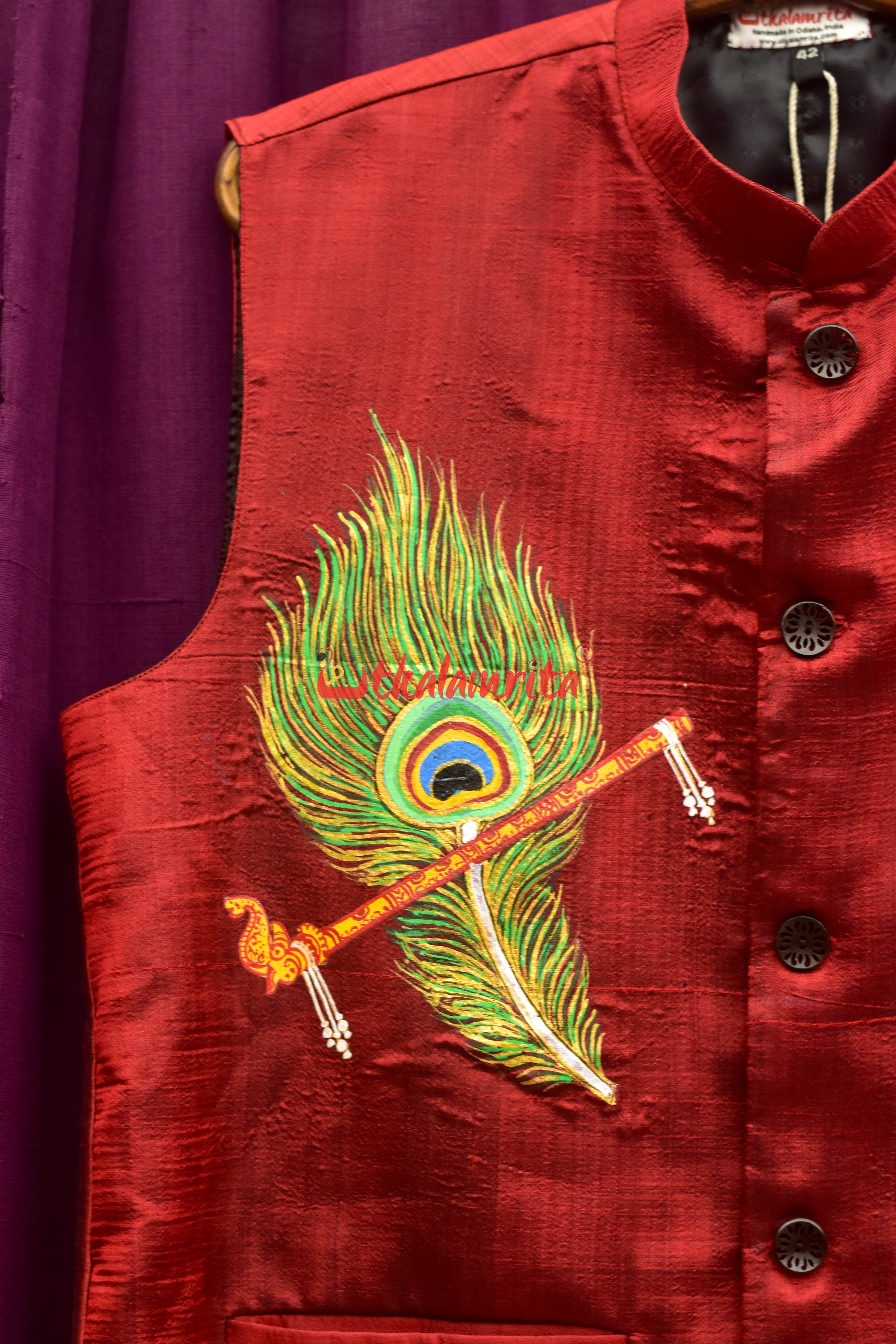 Maroon Mayura Puchha Silk Pattachitra (Mens' Modi Jacket)