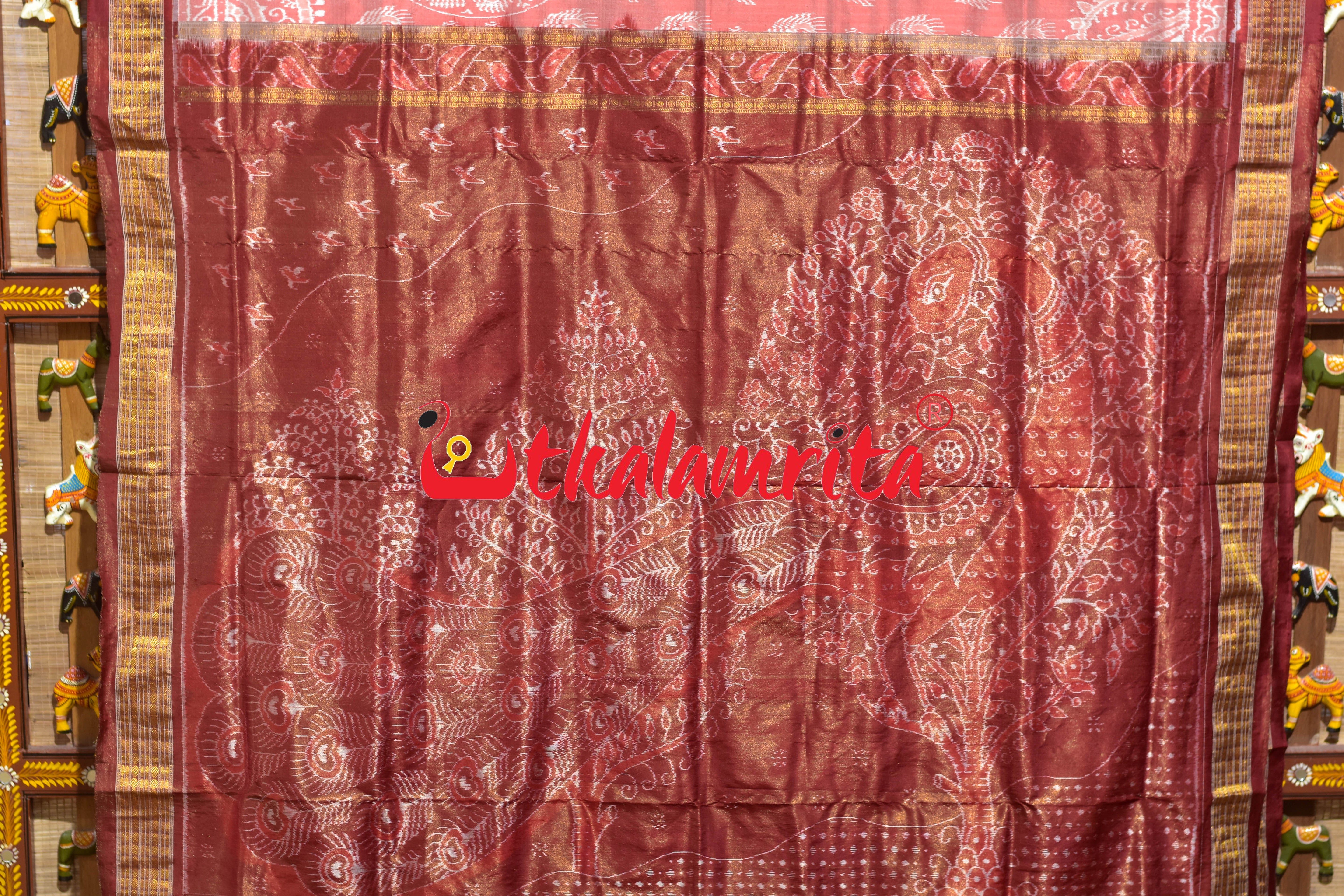 Peach Mayura Sambalpuri Bandha Half Tissue Silk Saree