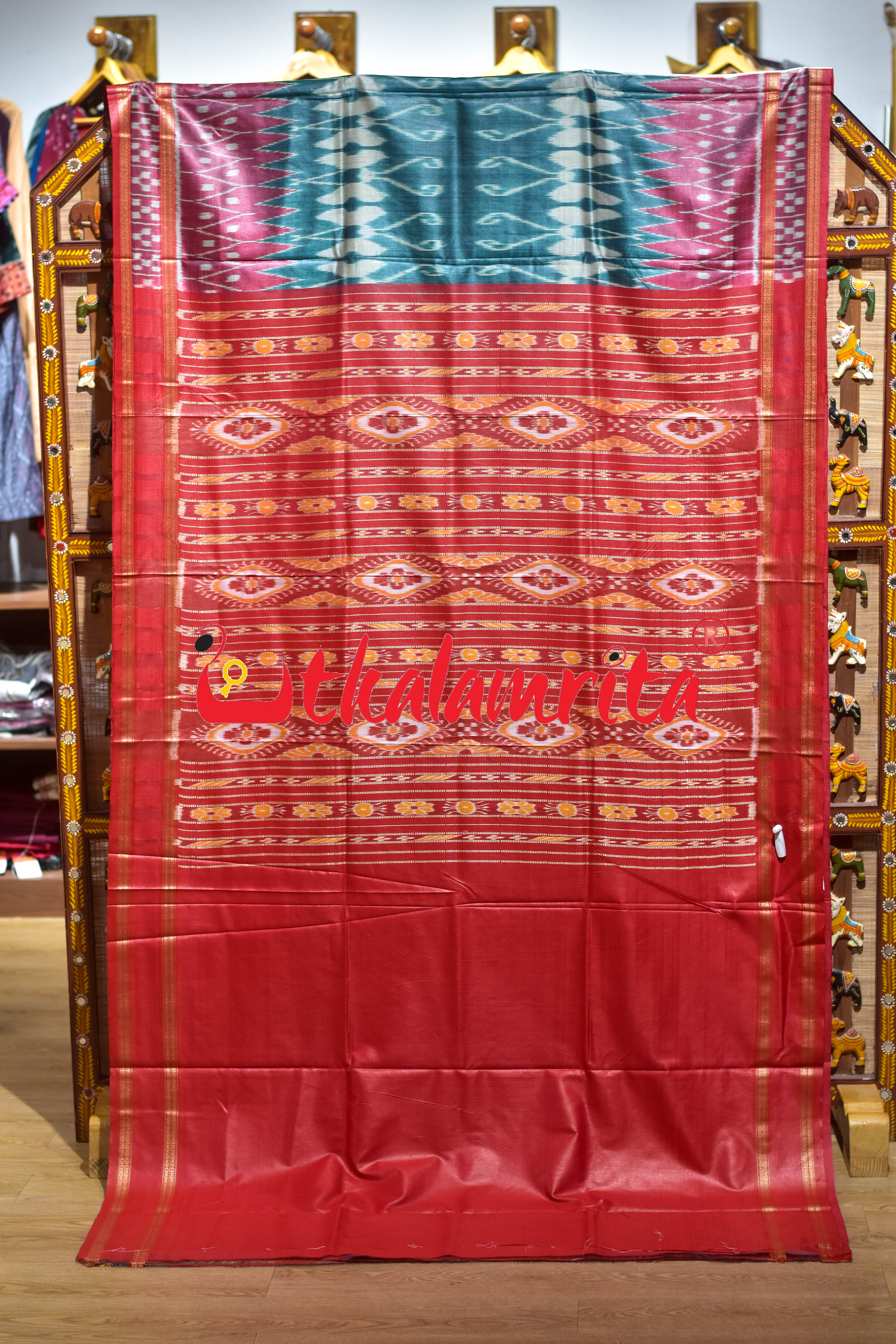 Body Ikat Pasapali Border Sea Green Red Gopalpur Tussar Silk Saree