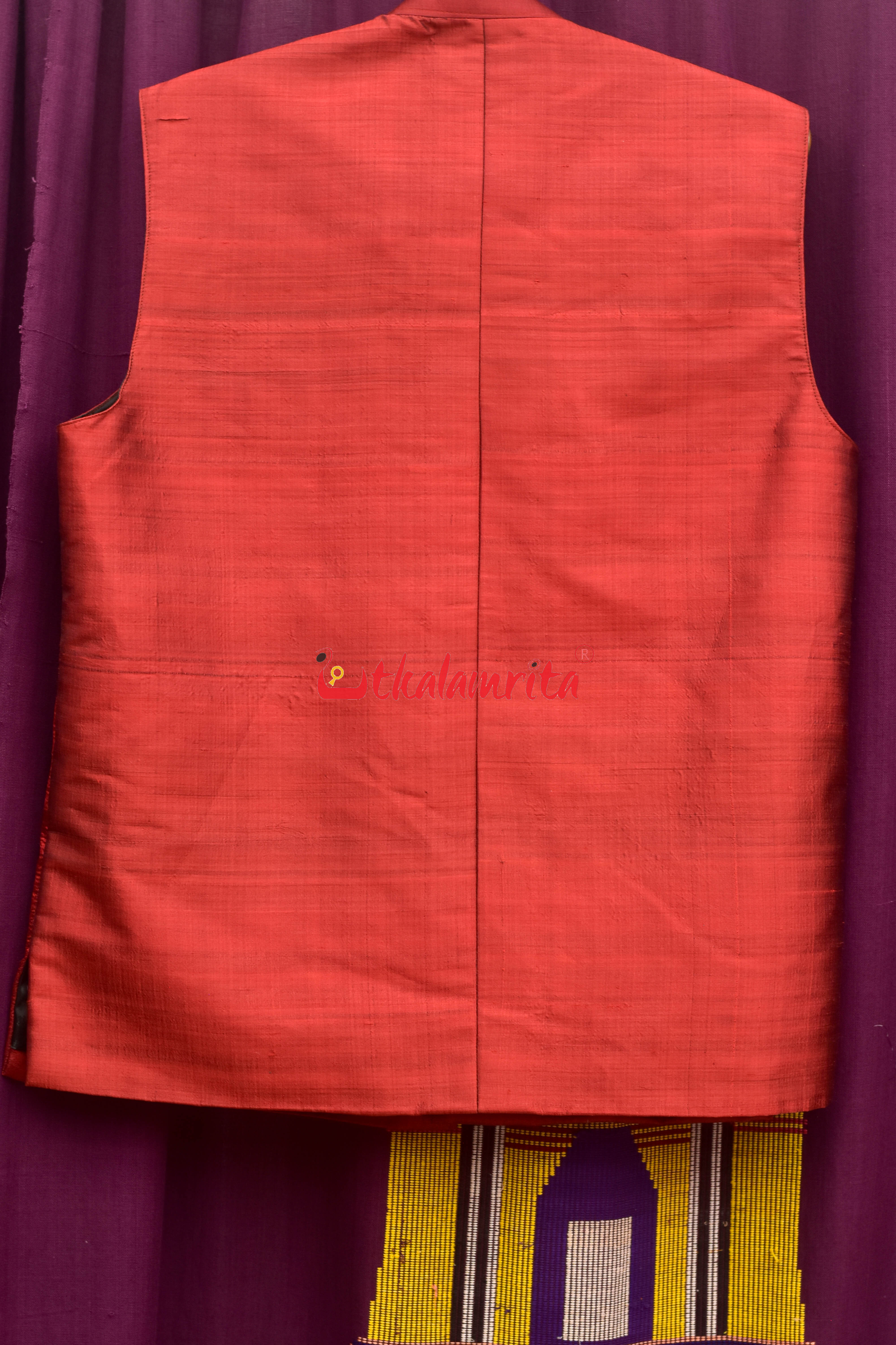 Maroon Mayura Puchha Silk Pattachitra (Mens' Modi Jacket)
