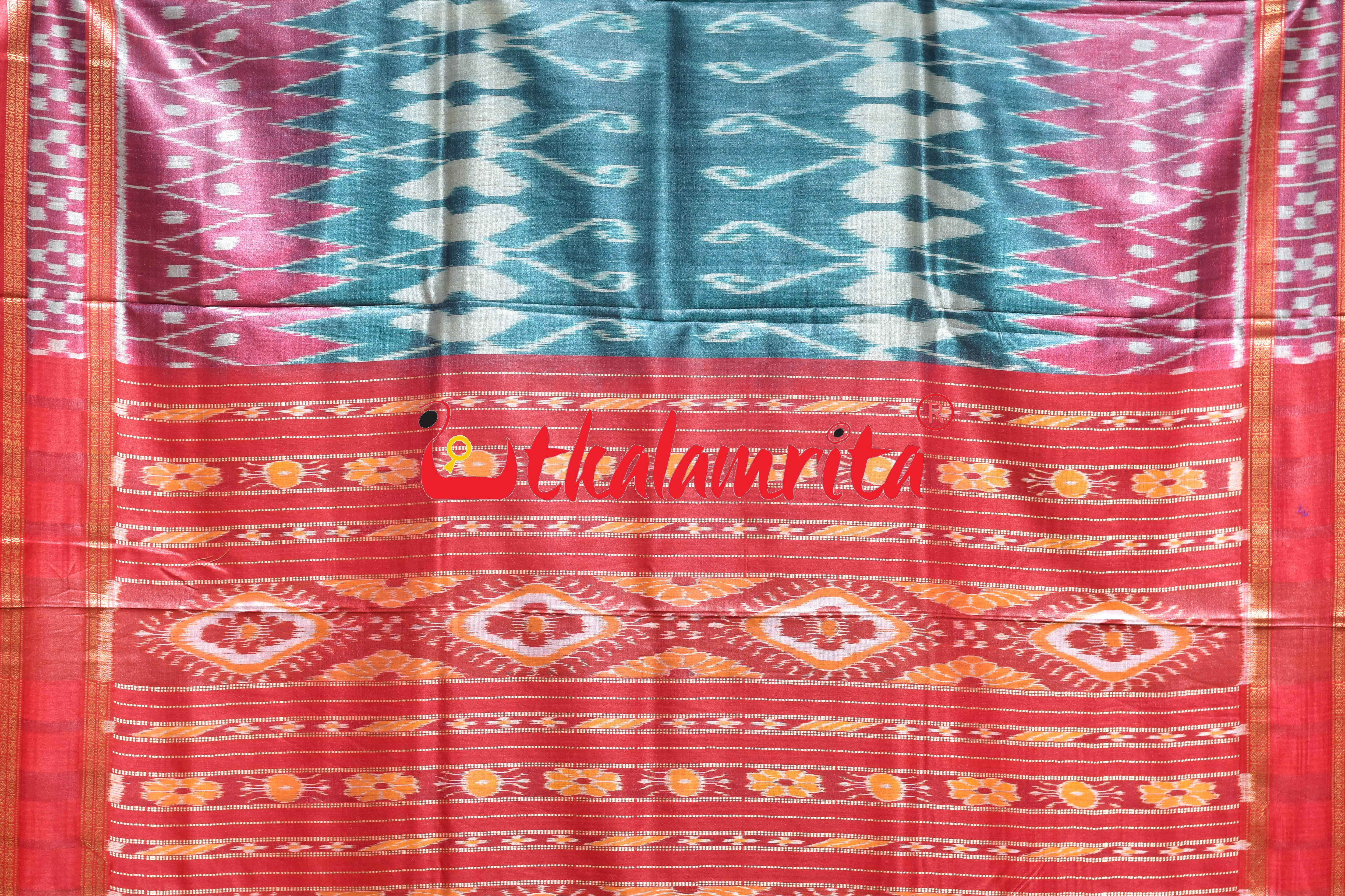 Body Ikat Pasapali Border Sea Green Red Gopalpur Tussar Silk Saree