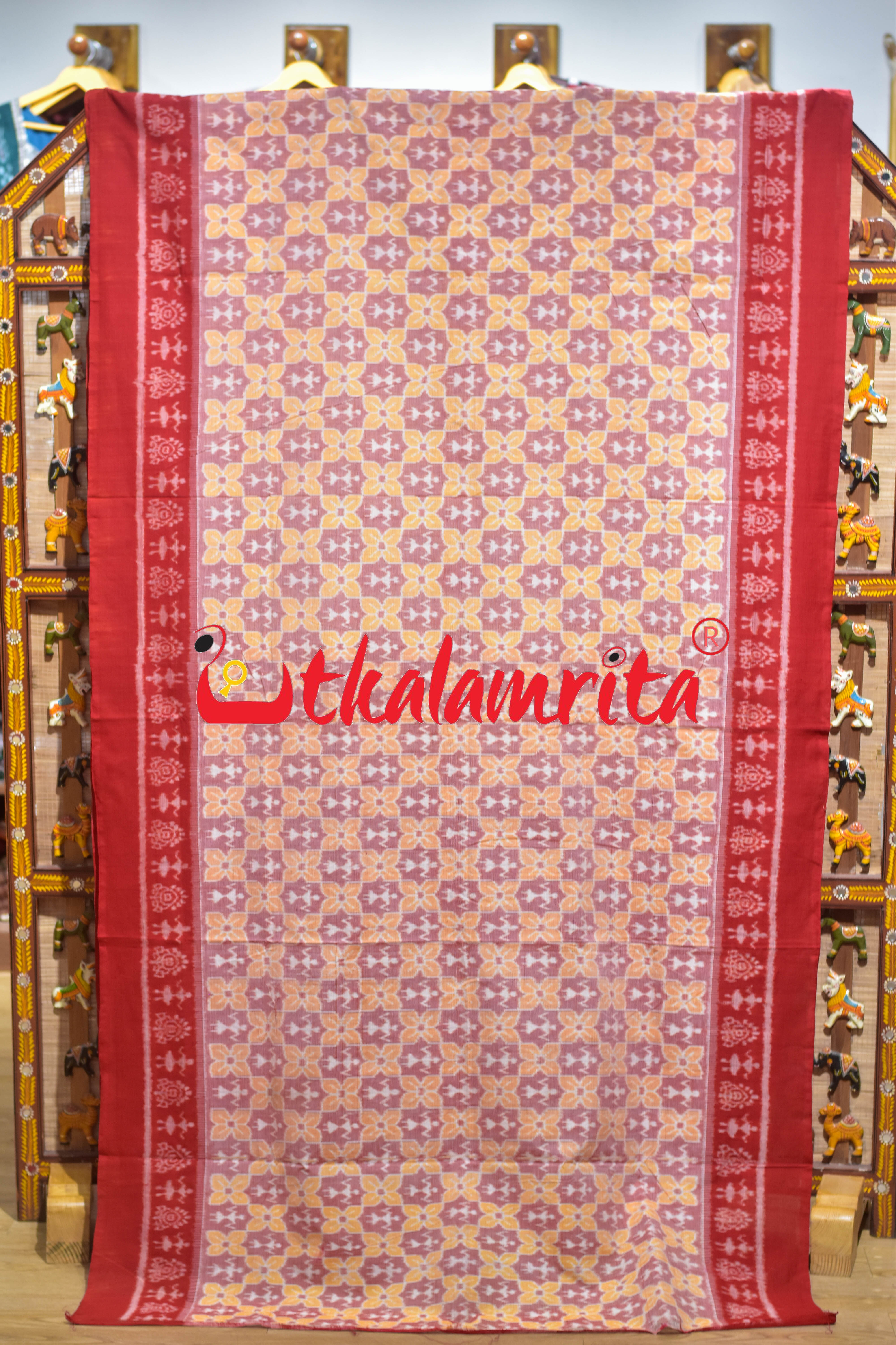 Tribal with Flower Pink Red Sambalpuri Cotton Saree