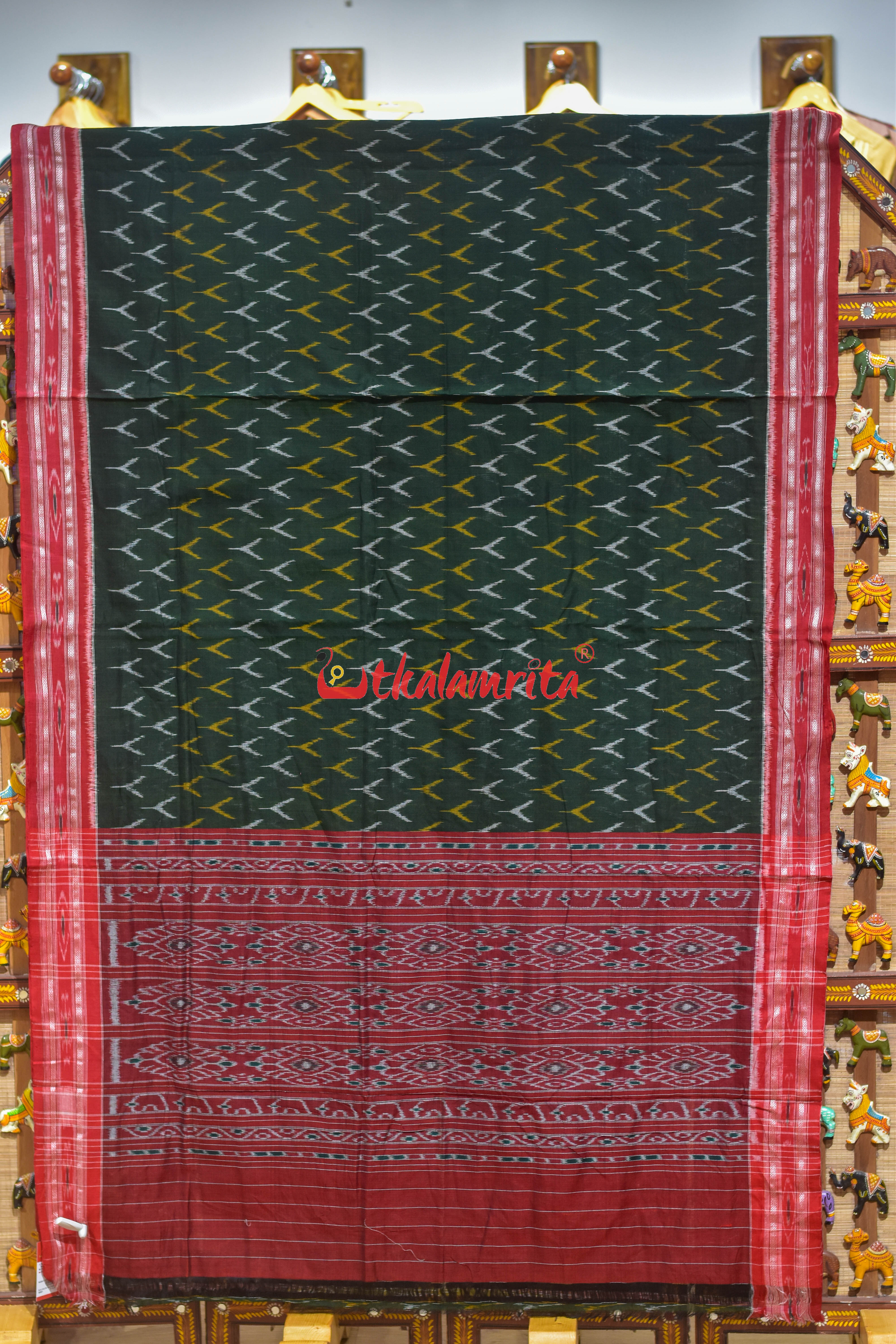 Bottle Green Red Duba Khandua Cotton Saree