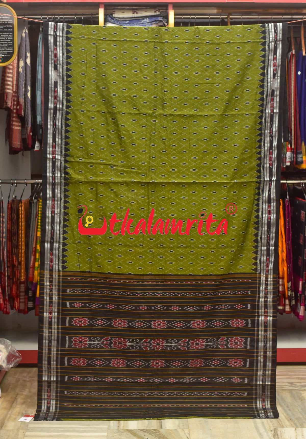 Olive Thikiri Phula Khandua Cotton Saree