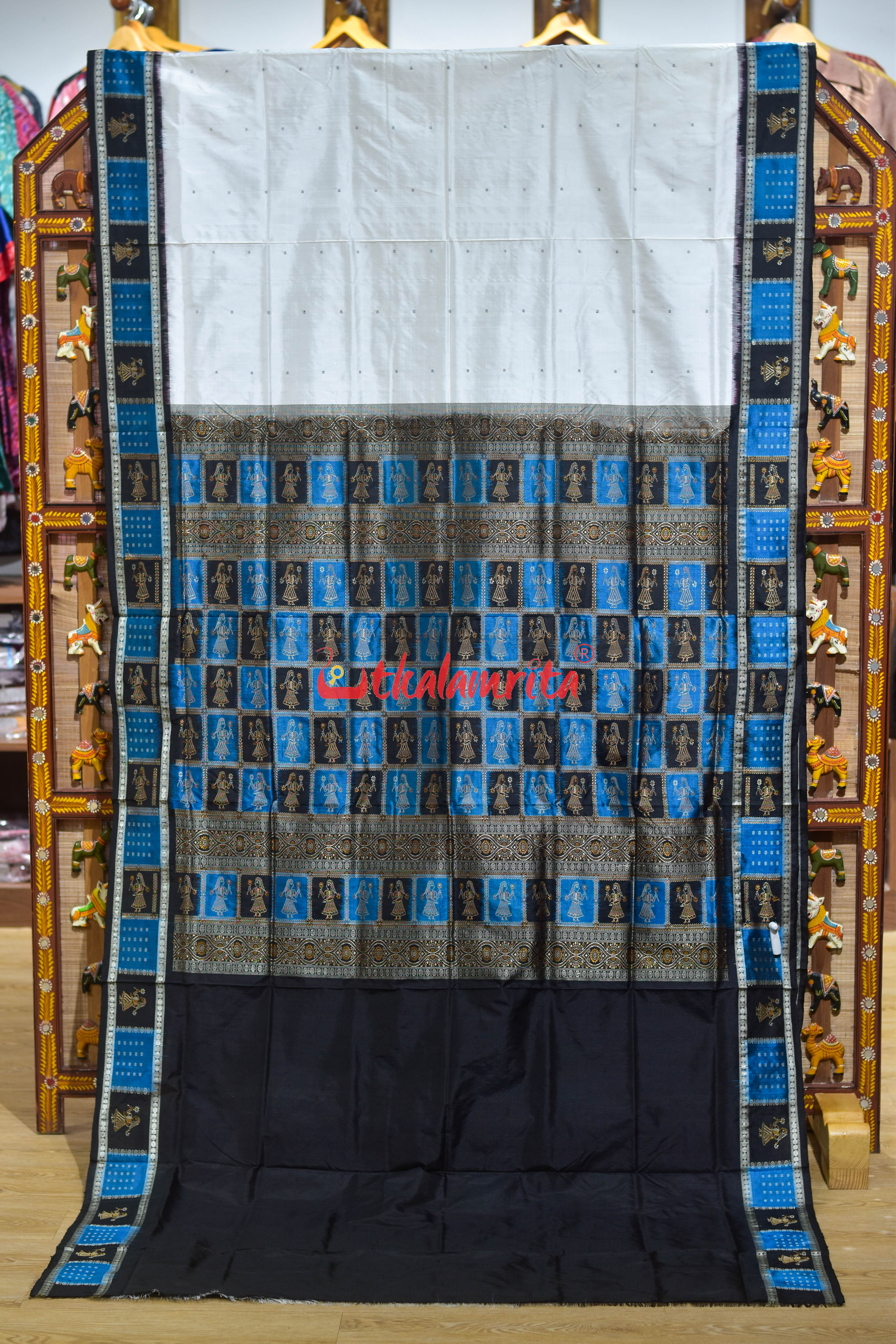 White with Black Doll Border Bomkai Silk Saree