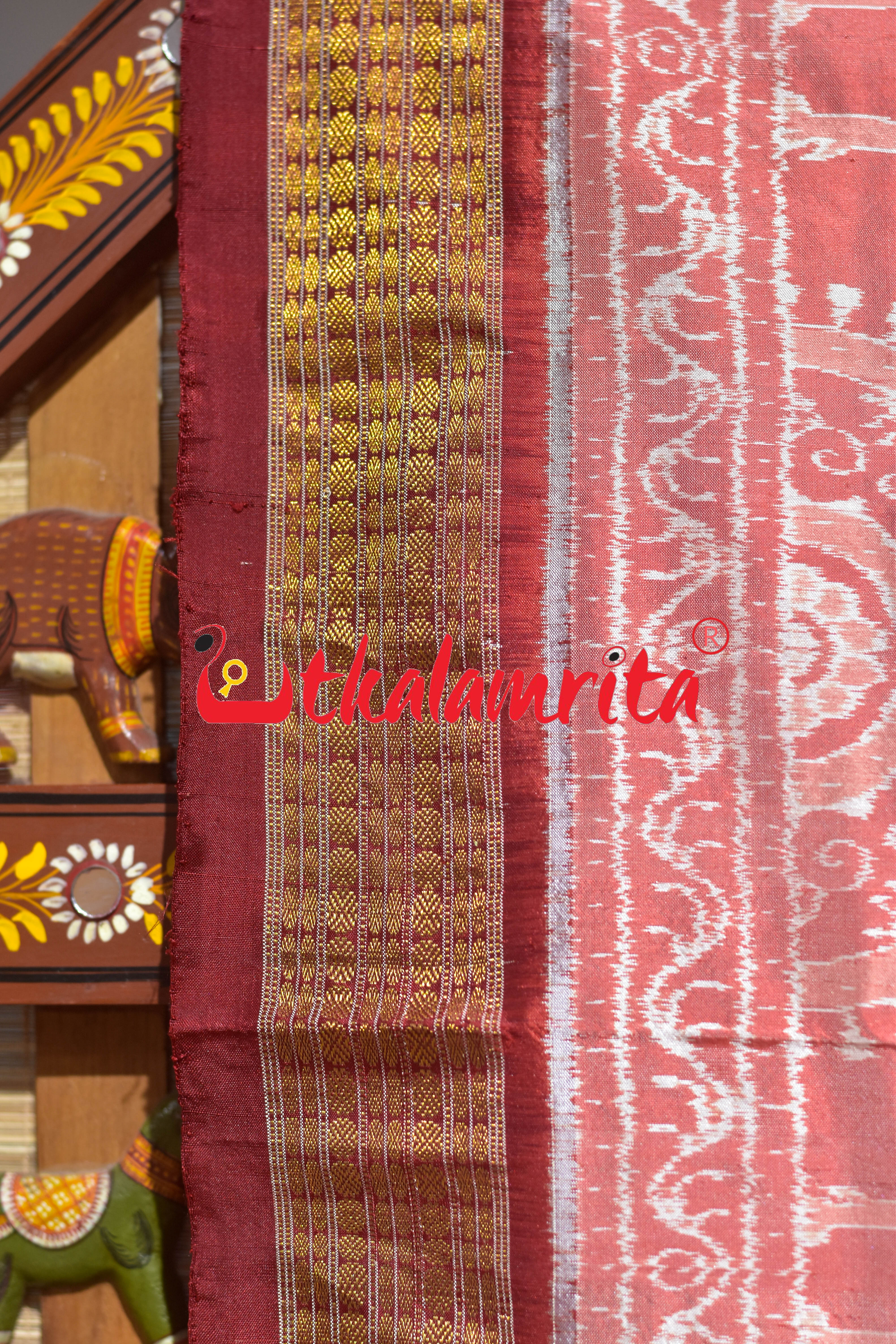 Peach Mayura Sambalpuri Bandha Half Tissue Silk Saree