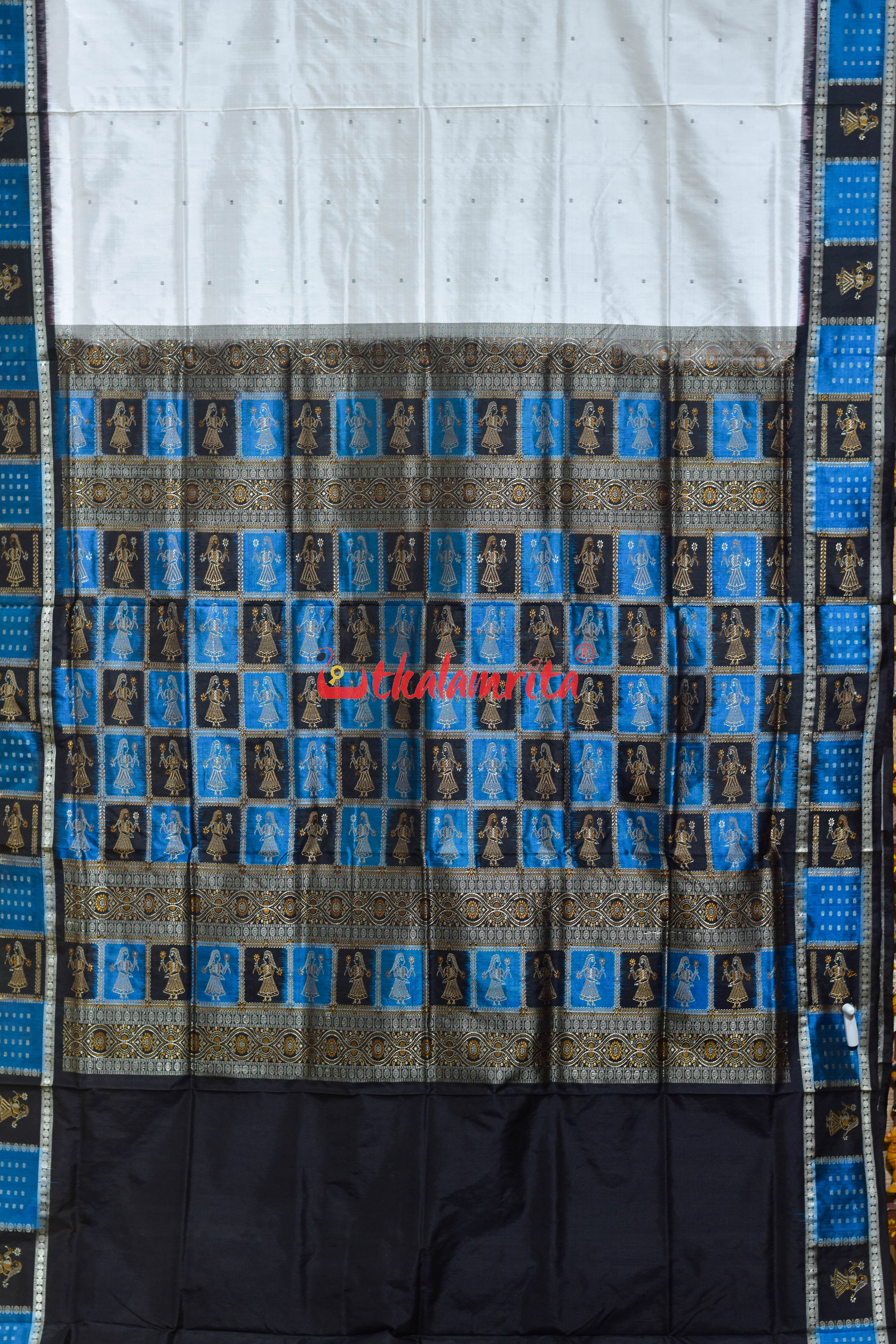 White with Black Doll Border Bomkai Silk Saree
