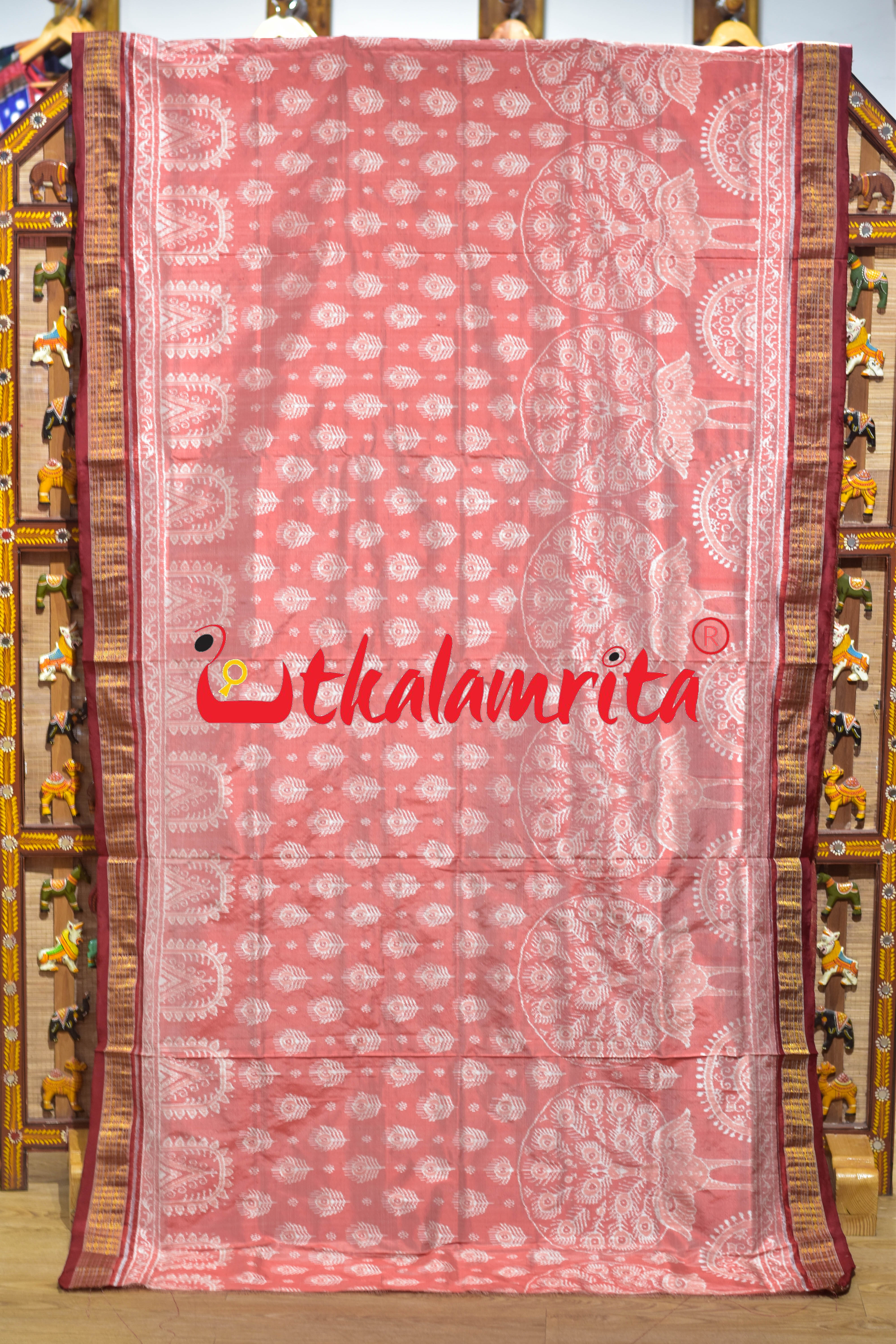 Peach Mayura Sambalpuri Bandha Half Tissue Silk Saree