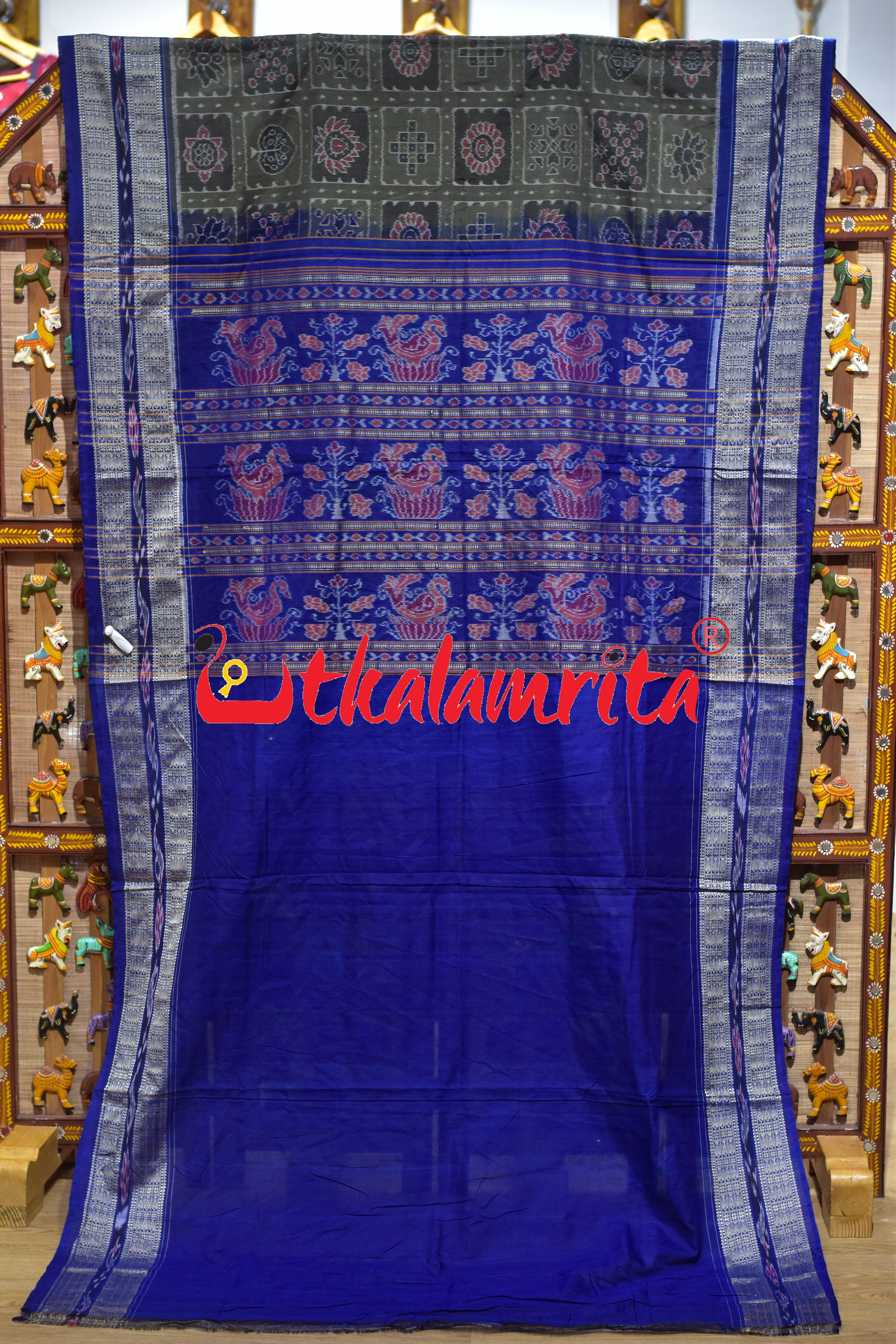 Olive Blue Fish Border Sambalpuri Nabakothi Cotton Saree