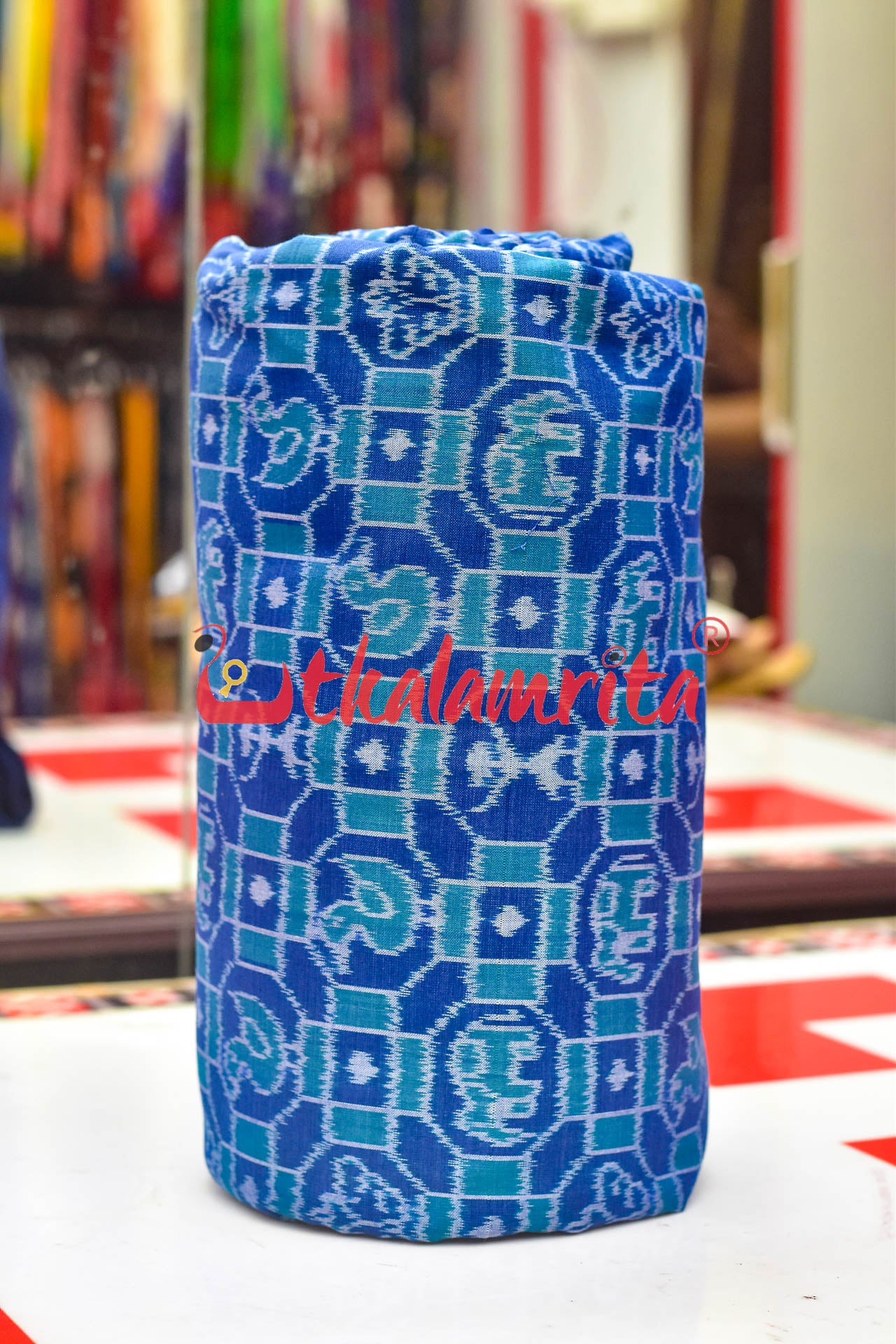 Blue 3D Elephant Sambalpuri Cotton (Fabric)