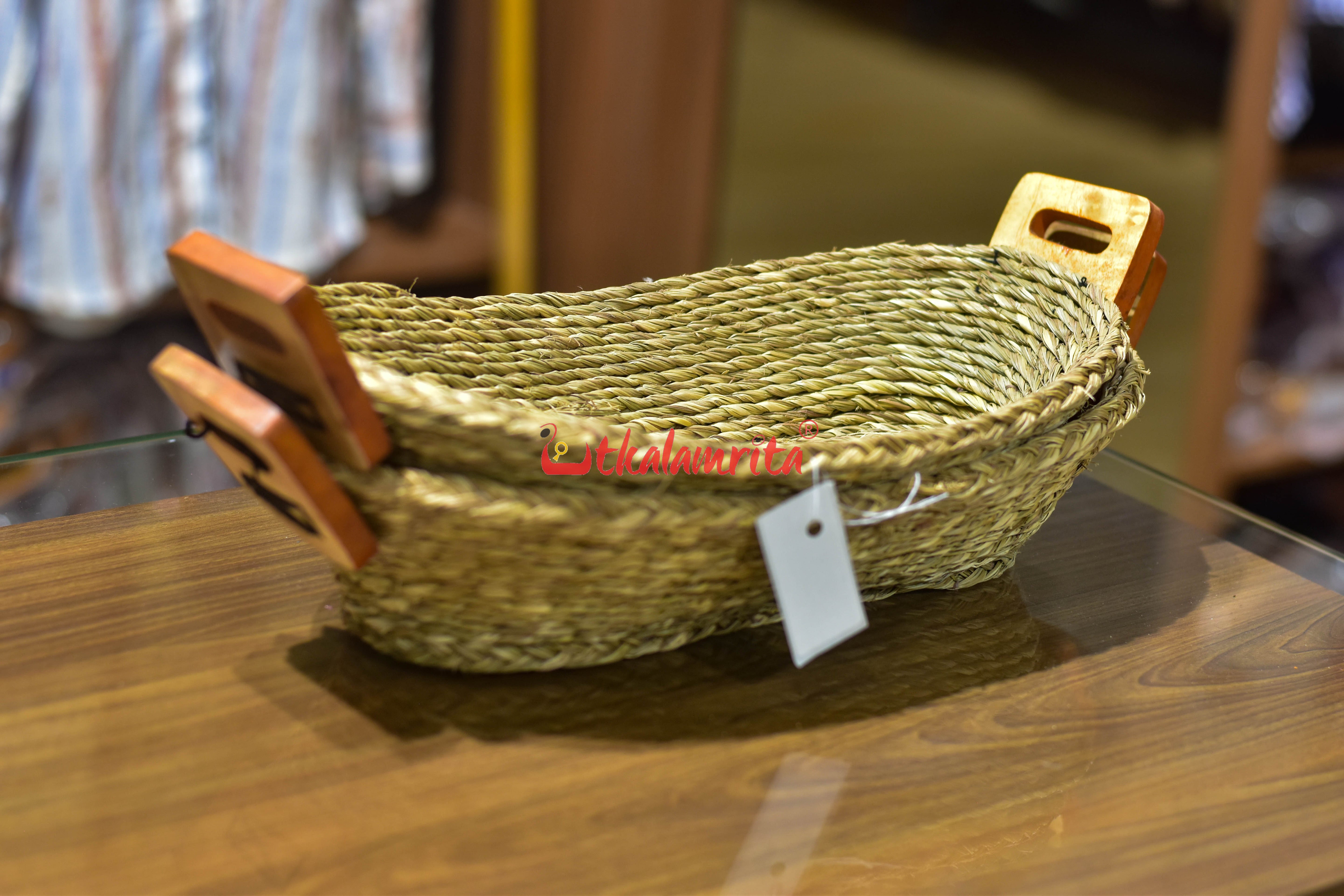 Sabai Grass Bread Basket with Wooden Handle (Large)