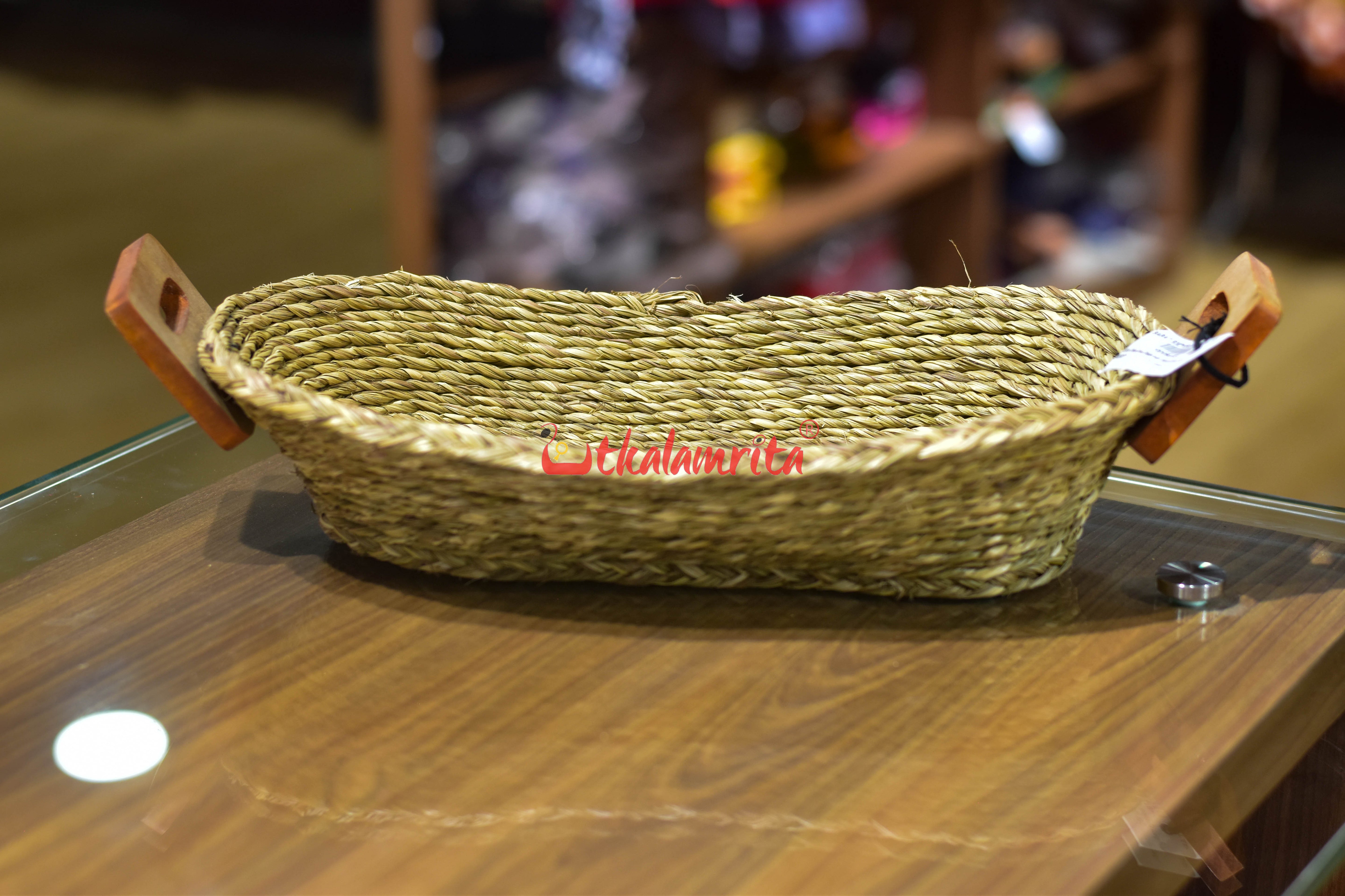 Sabai Grass Bread Basket with Wooden Handle (Large)