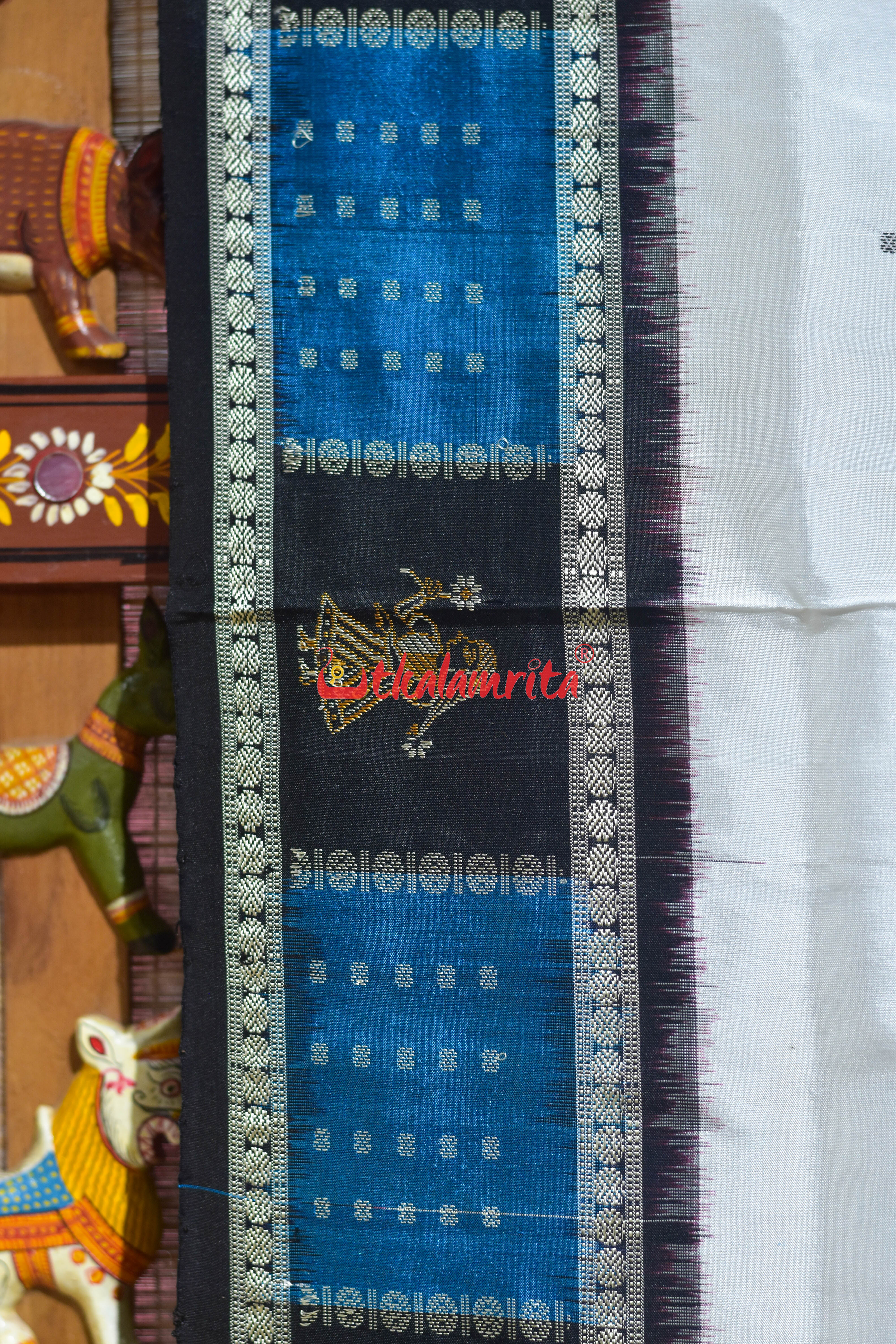 White with Black Doll Border Bomkai Silk Saree