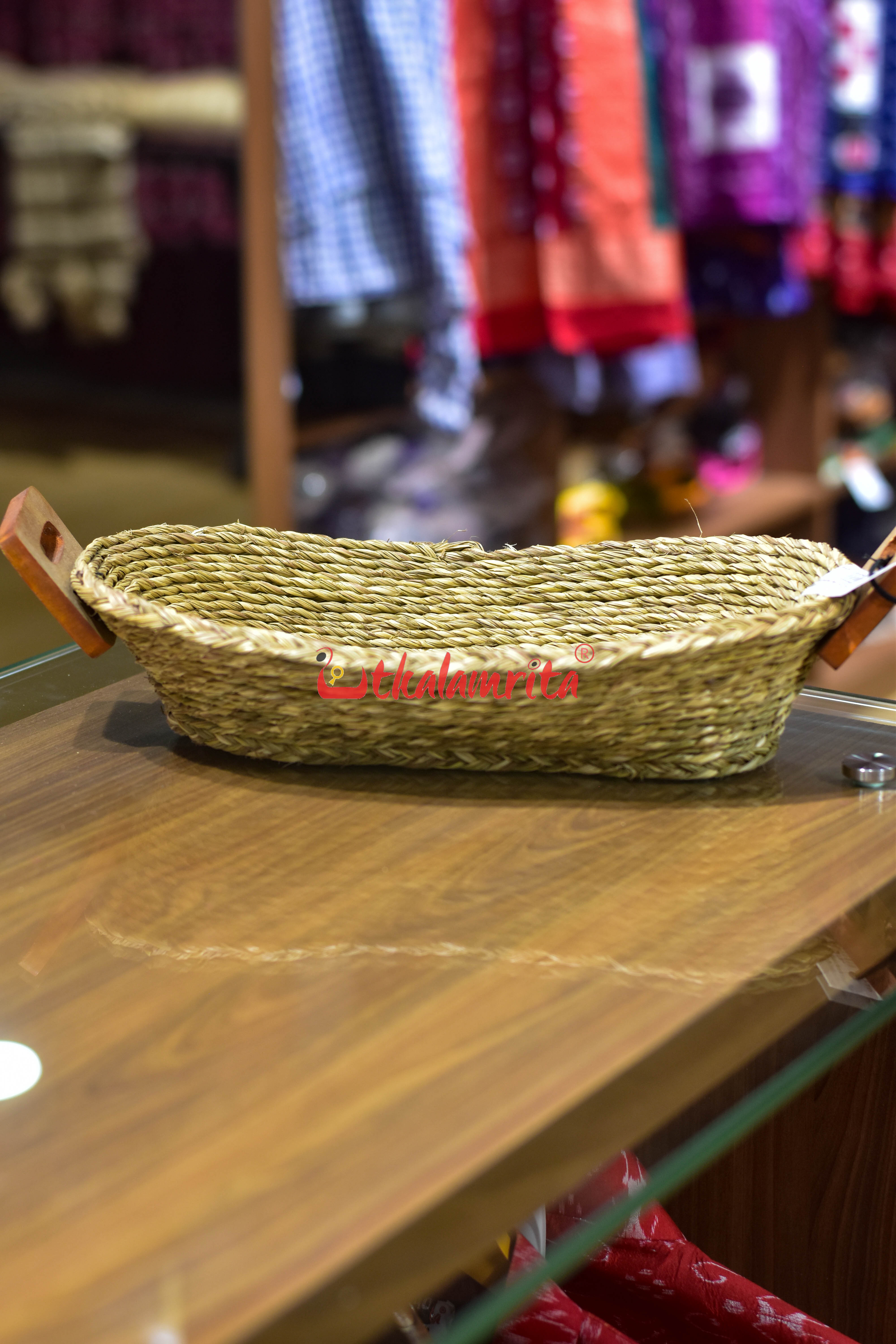 Sabai Grass Bread Basket with Wooden Handle (Large)