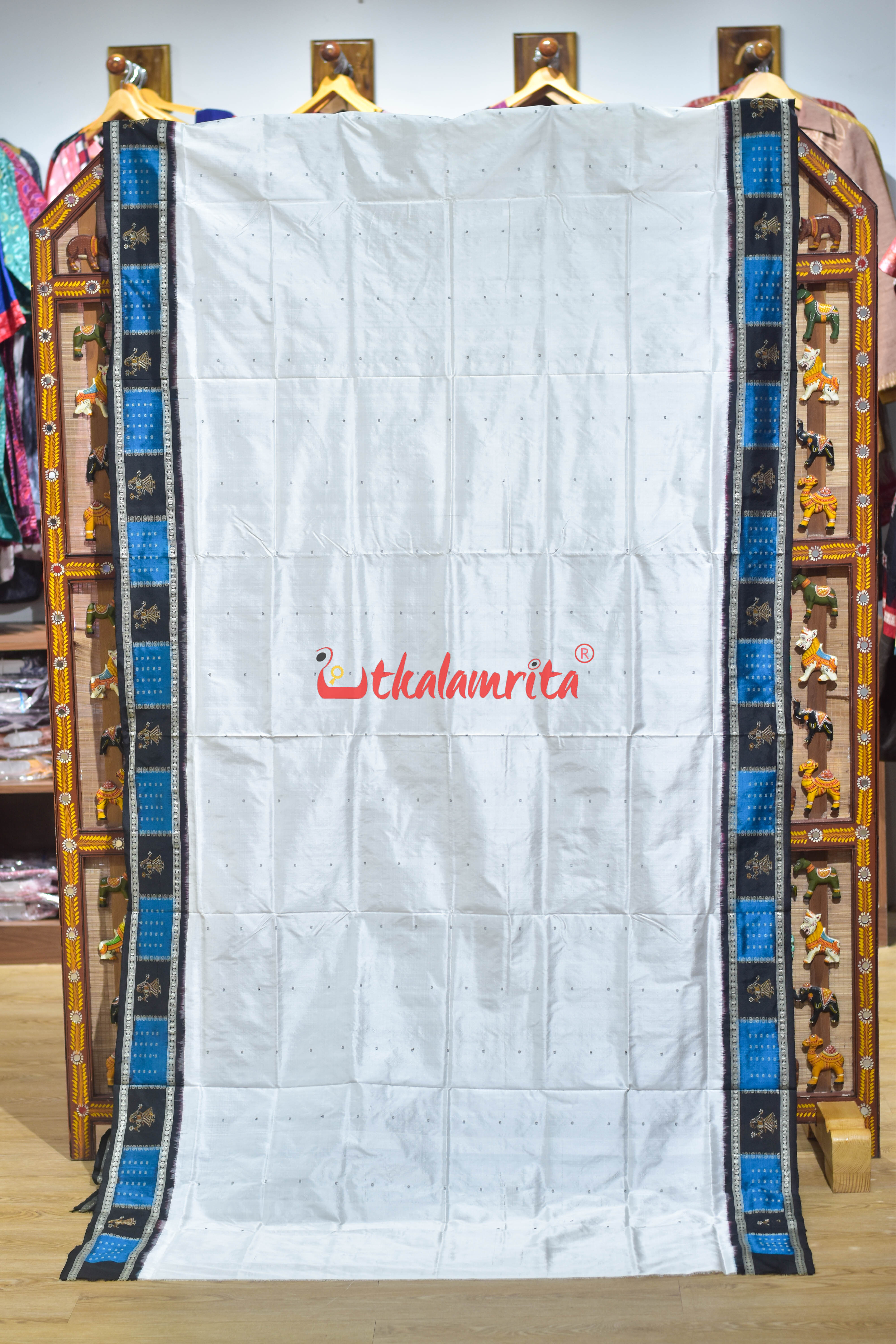 White with Black Doll Border Bomkai Silk Saree