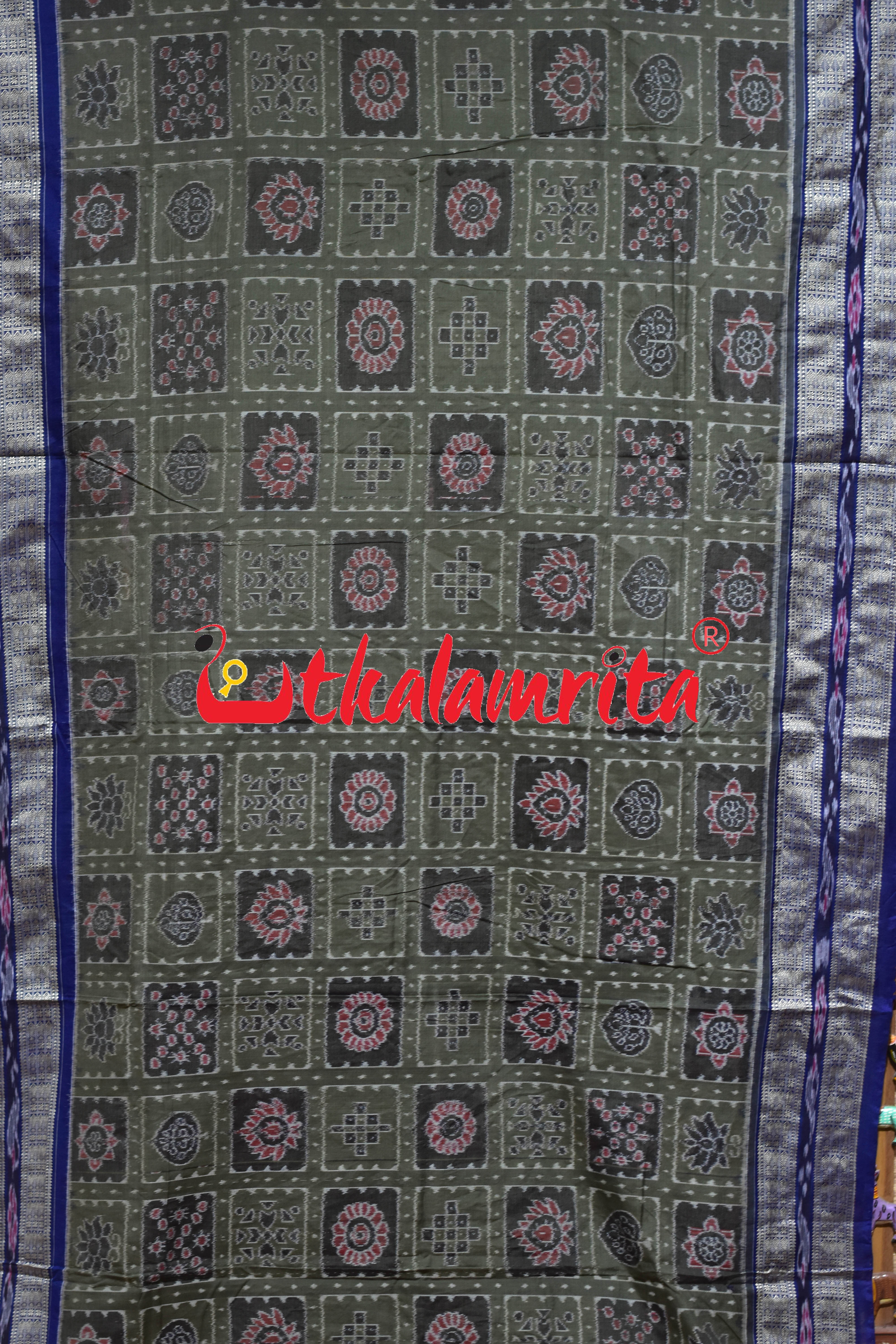 Olive Blue Fish Border Sambalpuri Nabakothi Cotton Saree