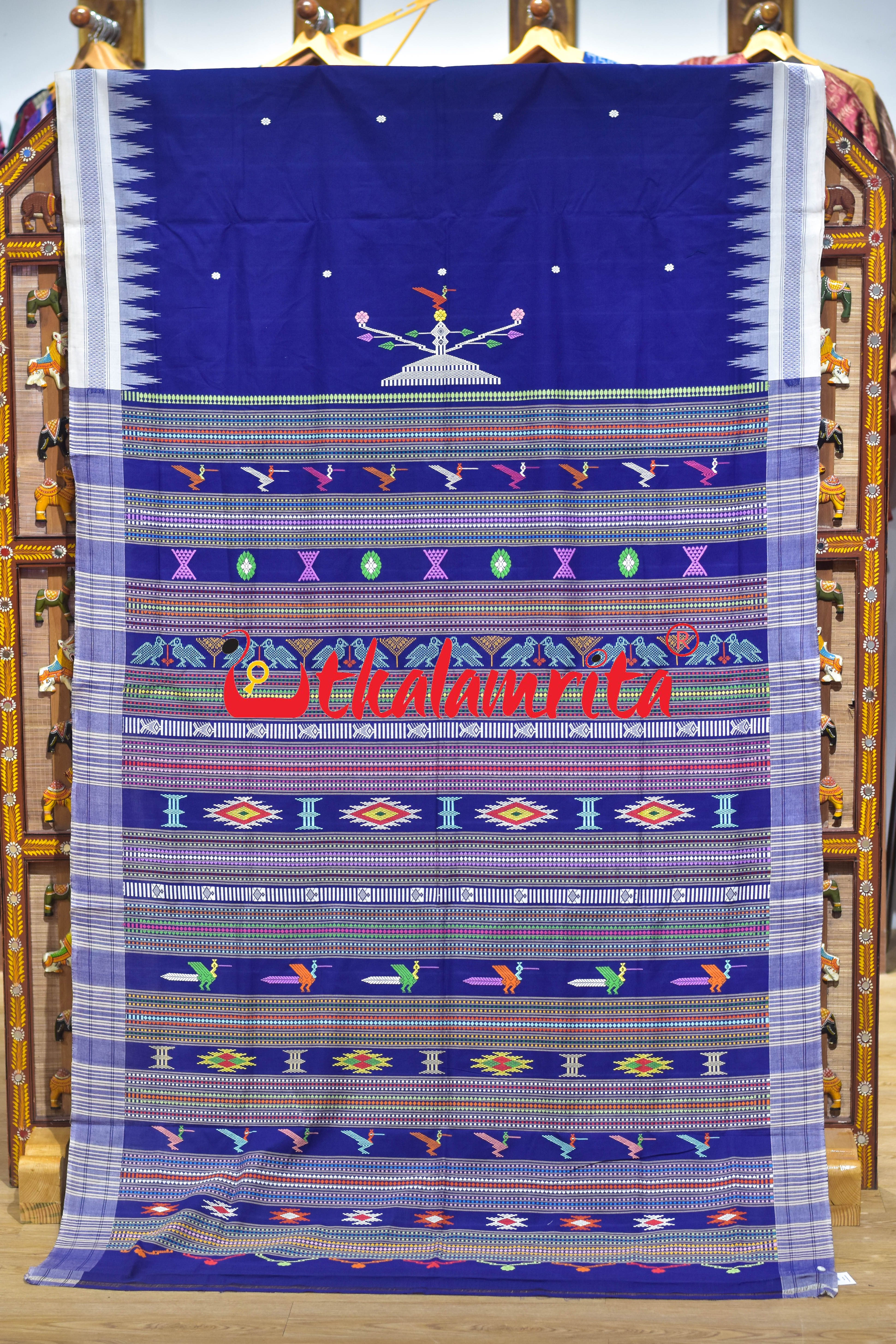 Blue White Border Ganjam Bomkai Cotton Saree