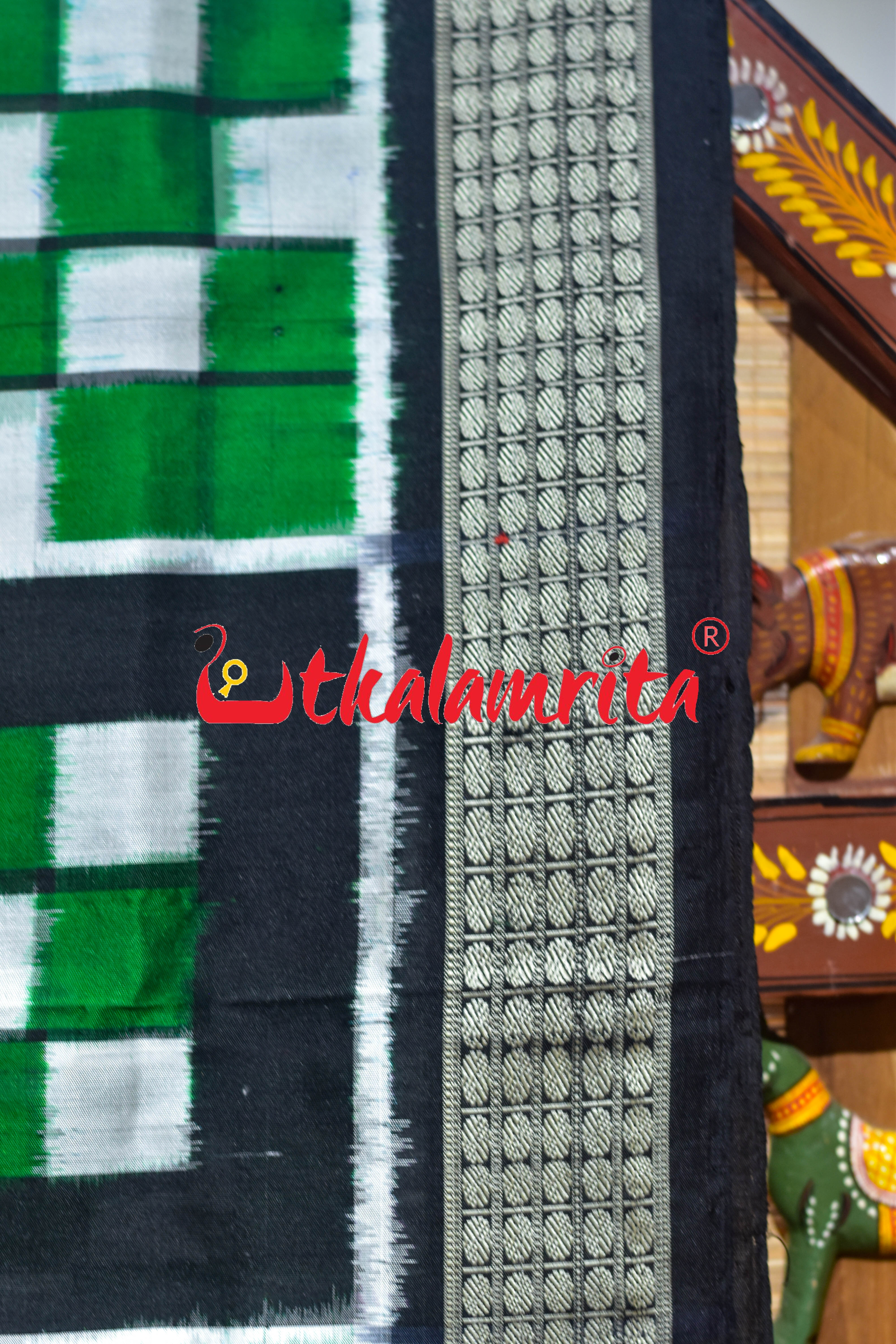 5 Kuthi Green Black White Pasapali Sambalpuri Silk Saree