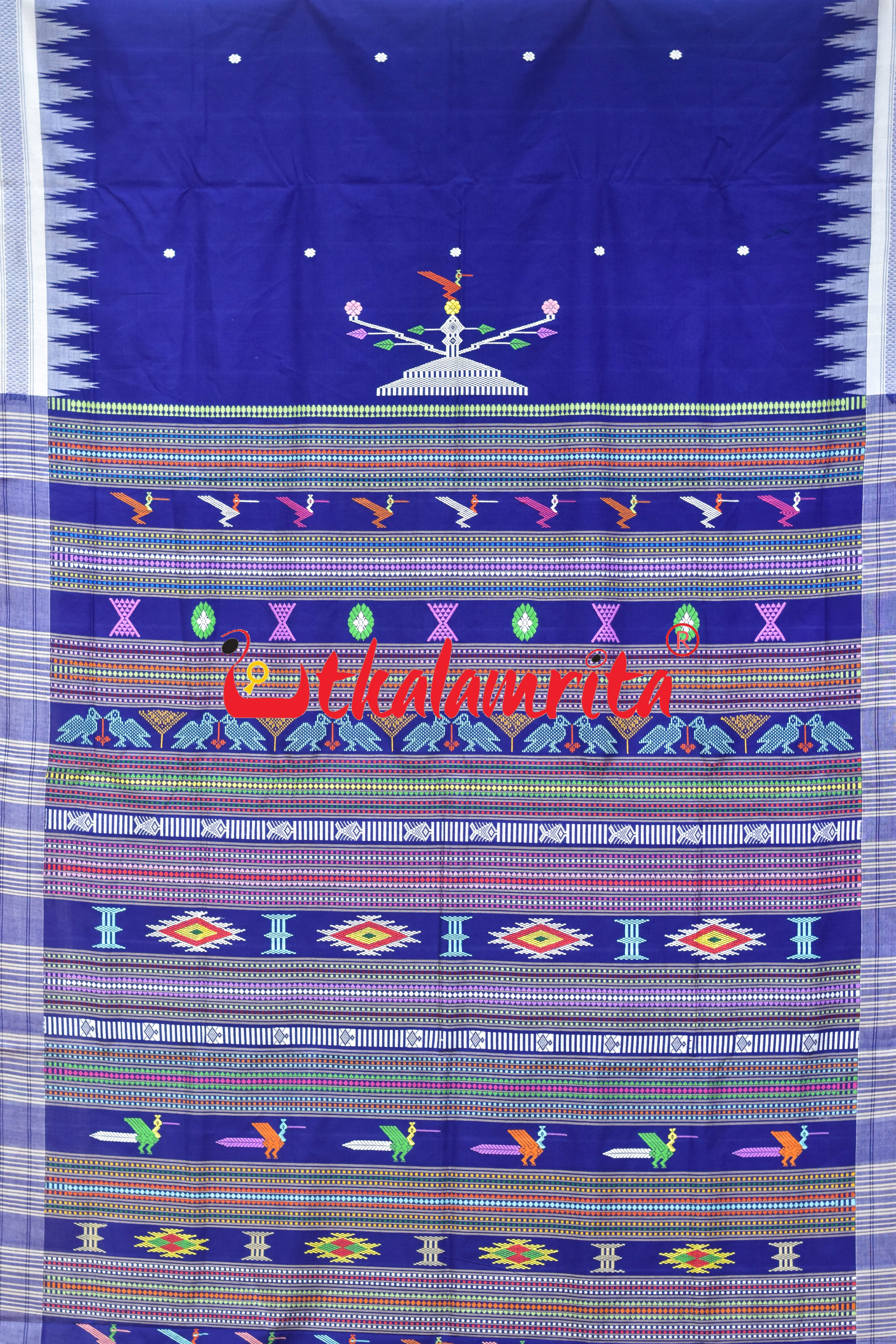 Blue White Border Ganjam Bomkai Cotton Saree