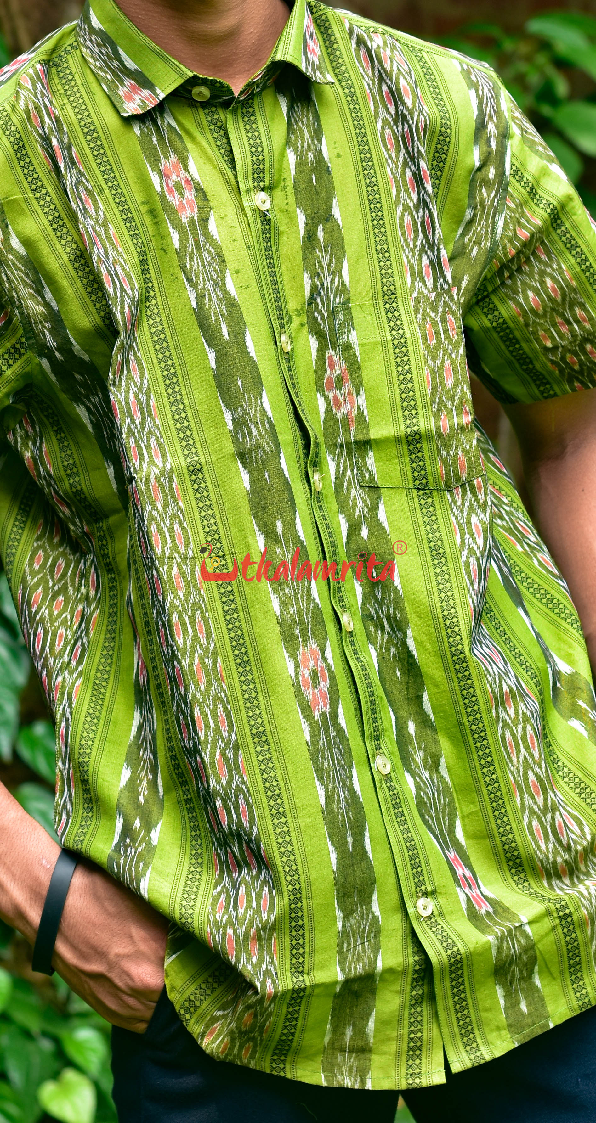 Mehendi Green Flower Ikat (Mens' Half Shirt)