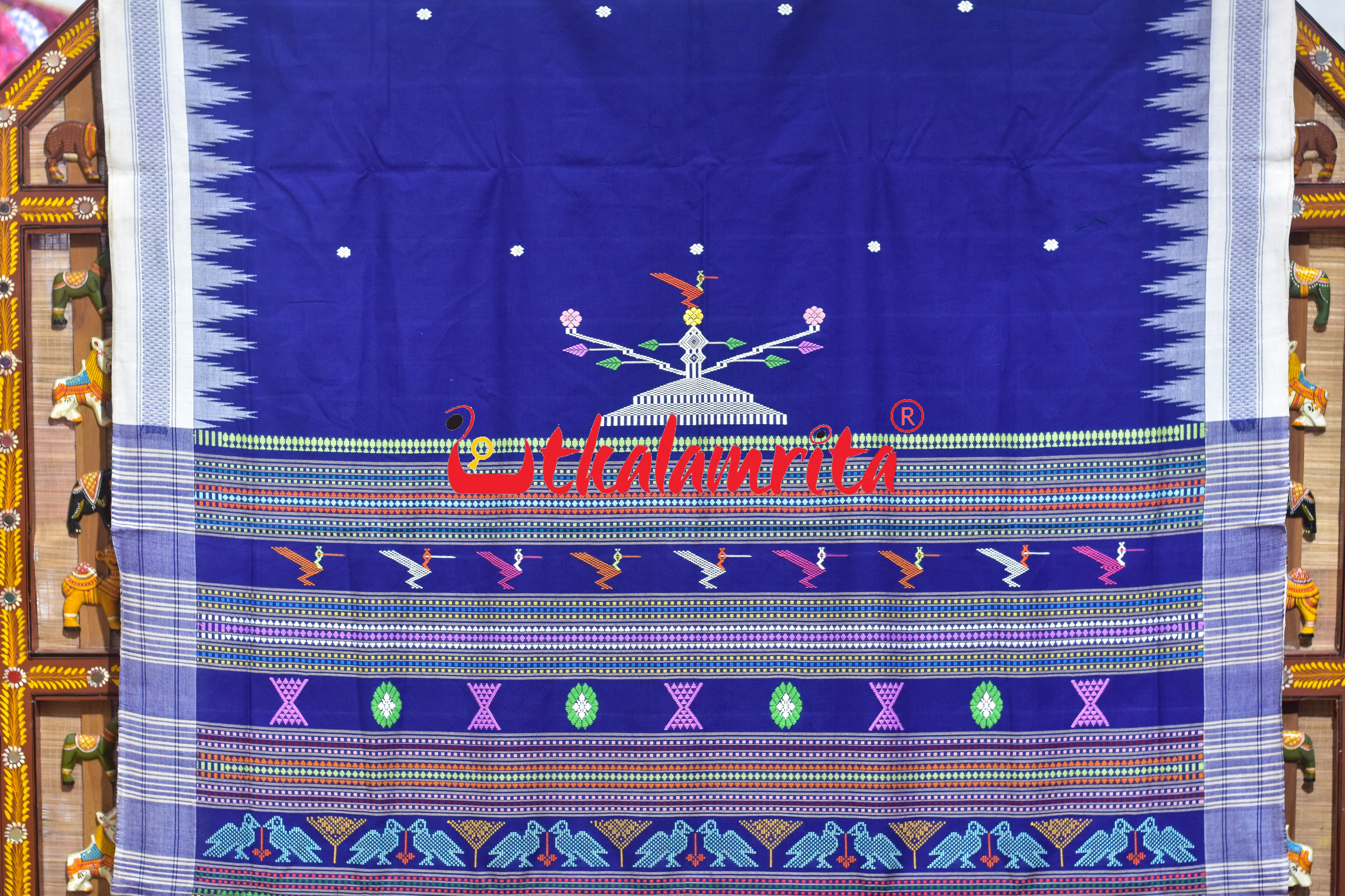 Blue White Border Ganjam Bomkai Cotton Saree