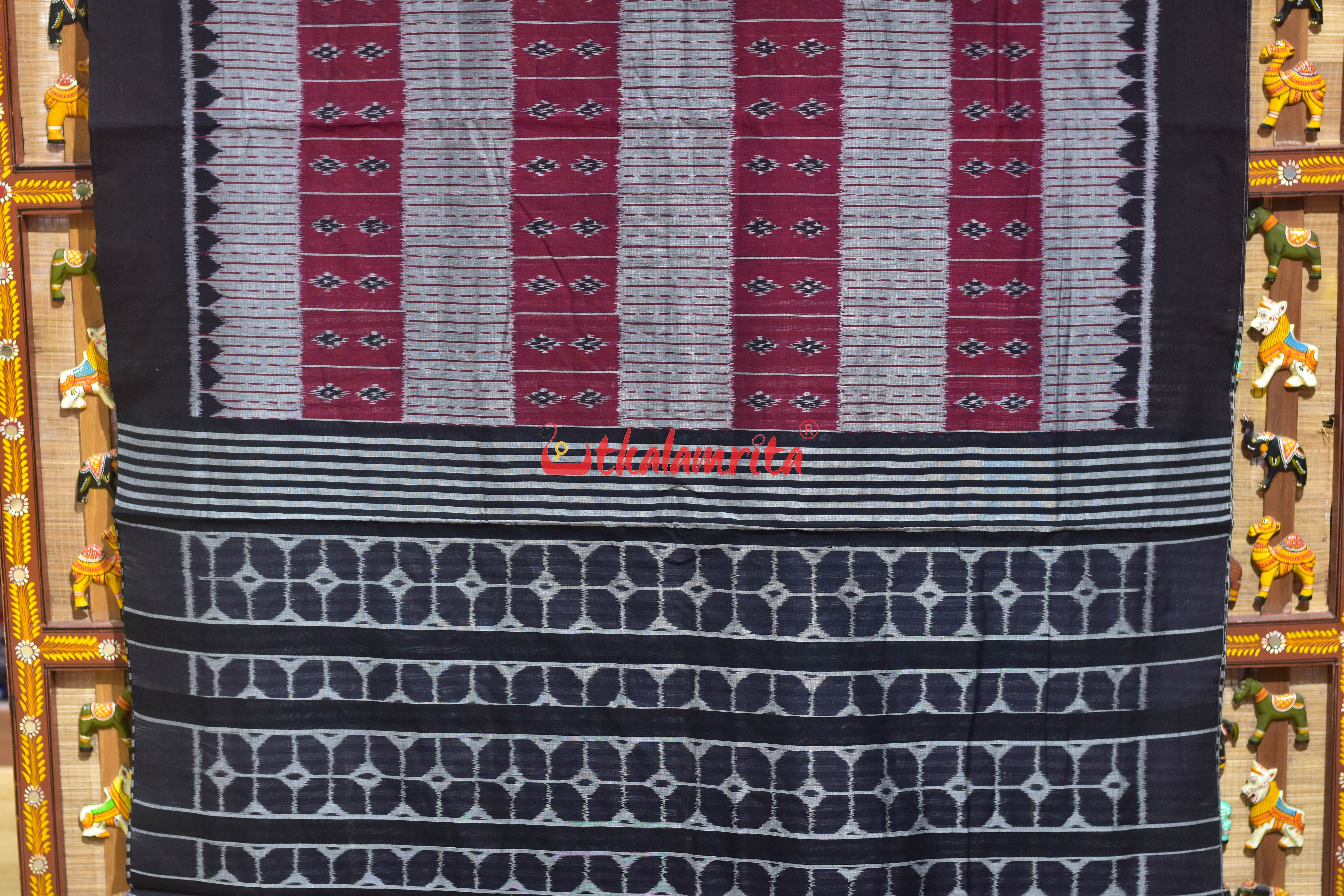 9D Single Ikat Pasapali Grey Maroon Cotton Saree