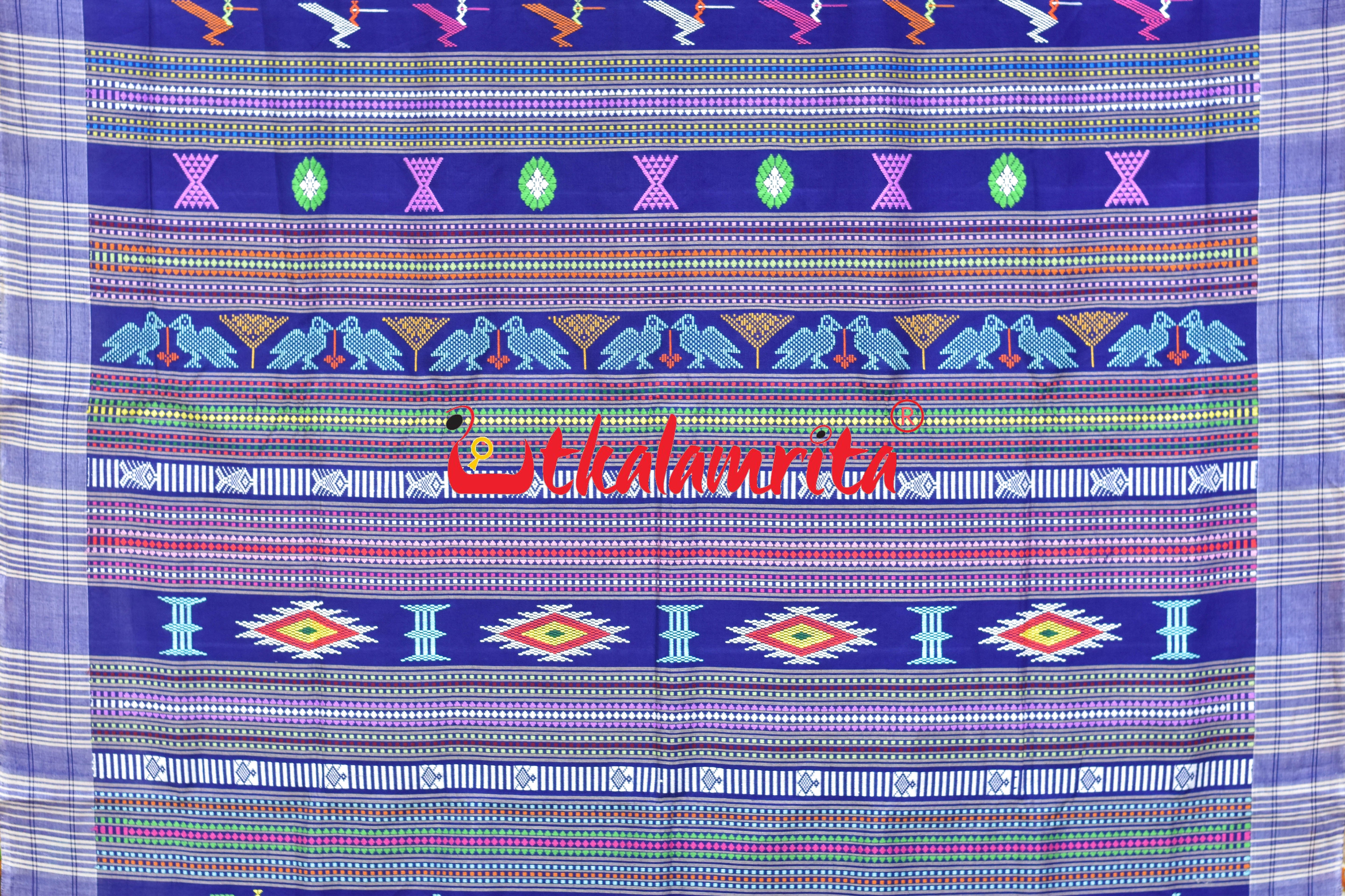 Blue White Border Ganjam Bomkai Cotton Saree