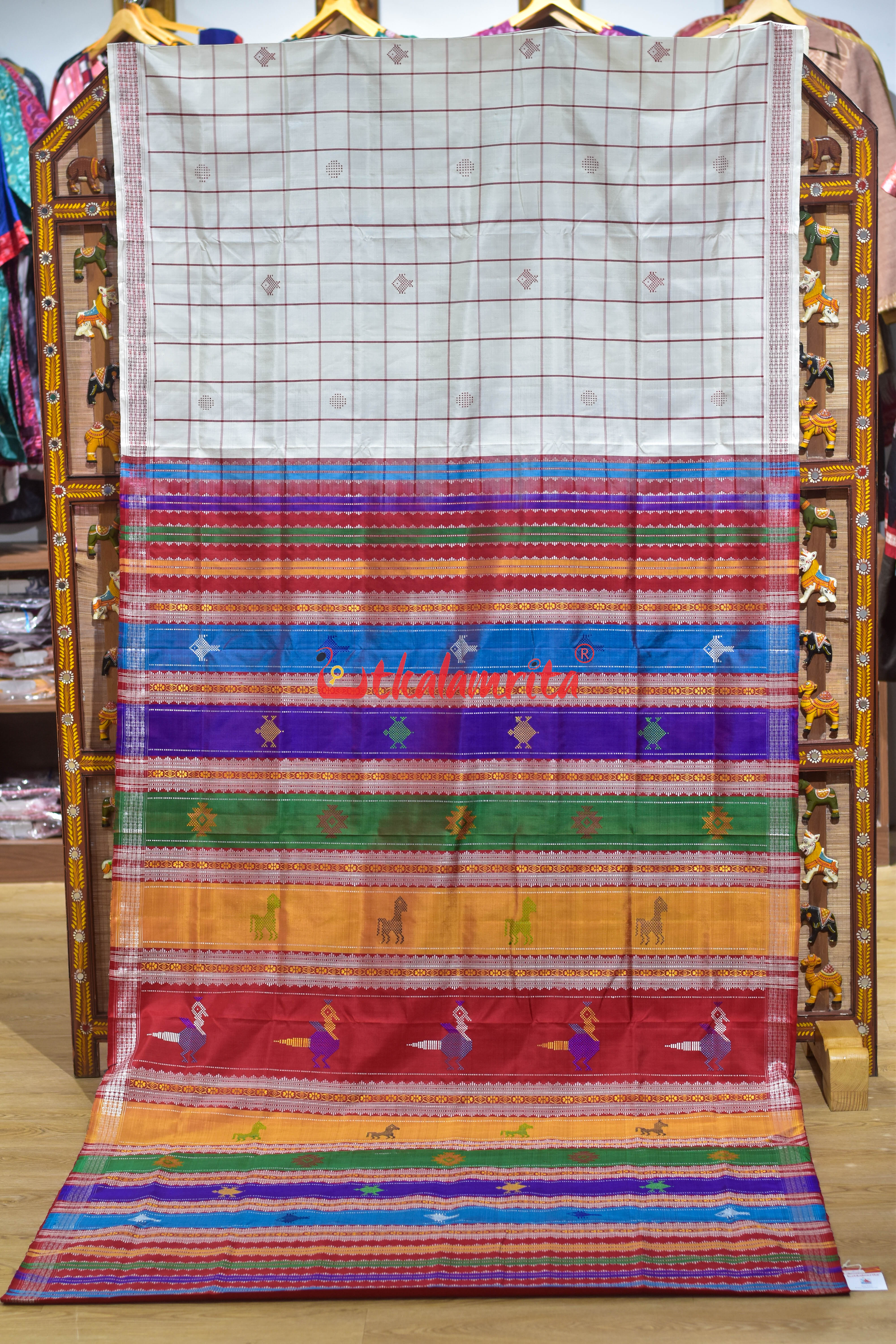 Off White Red Double Anchal Berhampuri Silk Saree