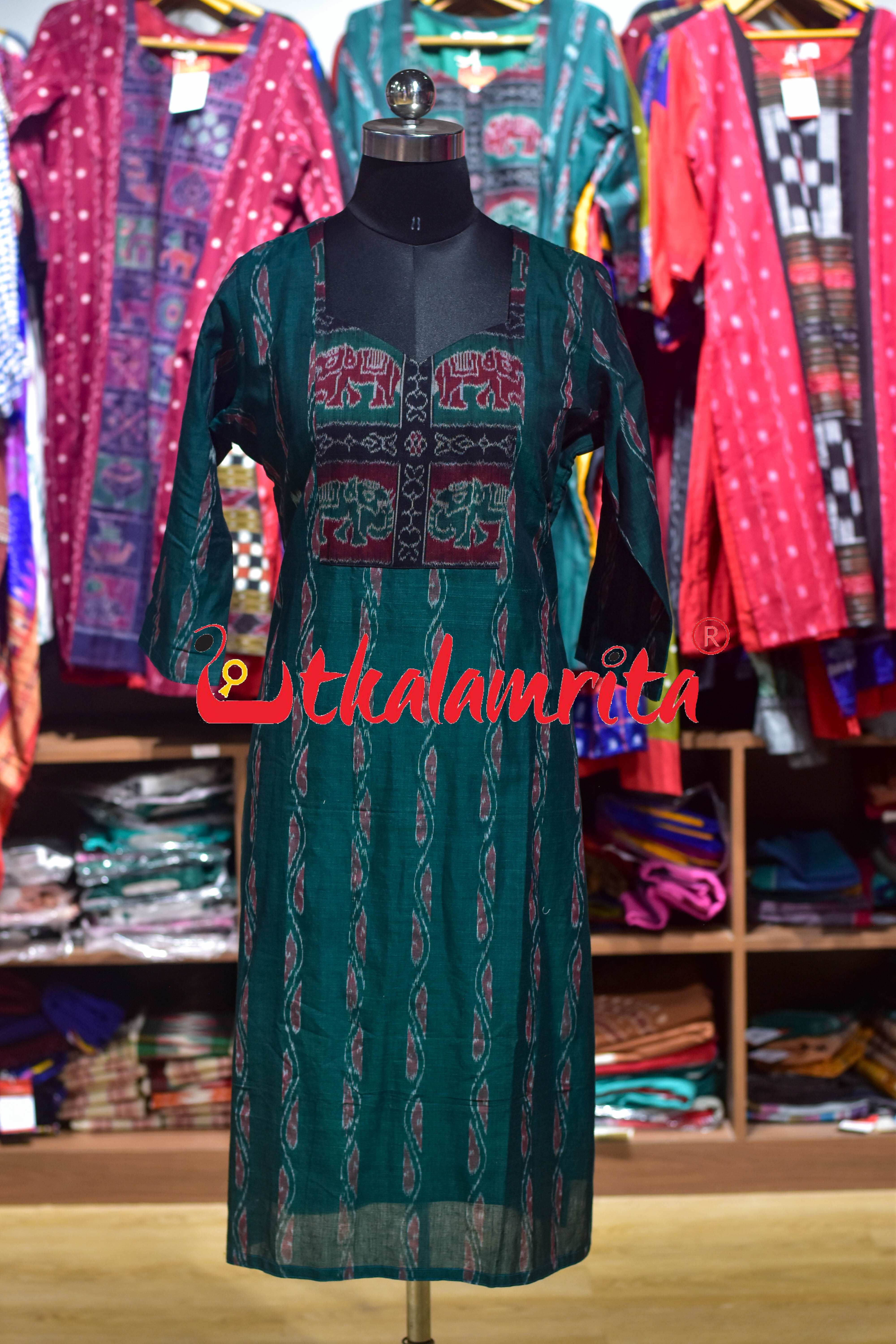 Green Sankha Double Elephant Lines (Ladies' Kurti)