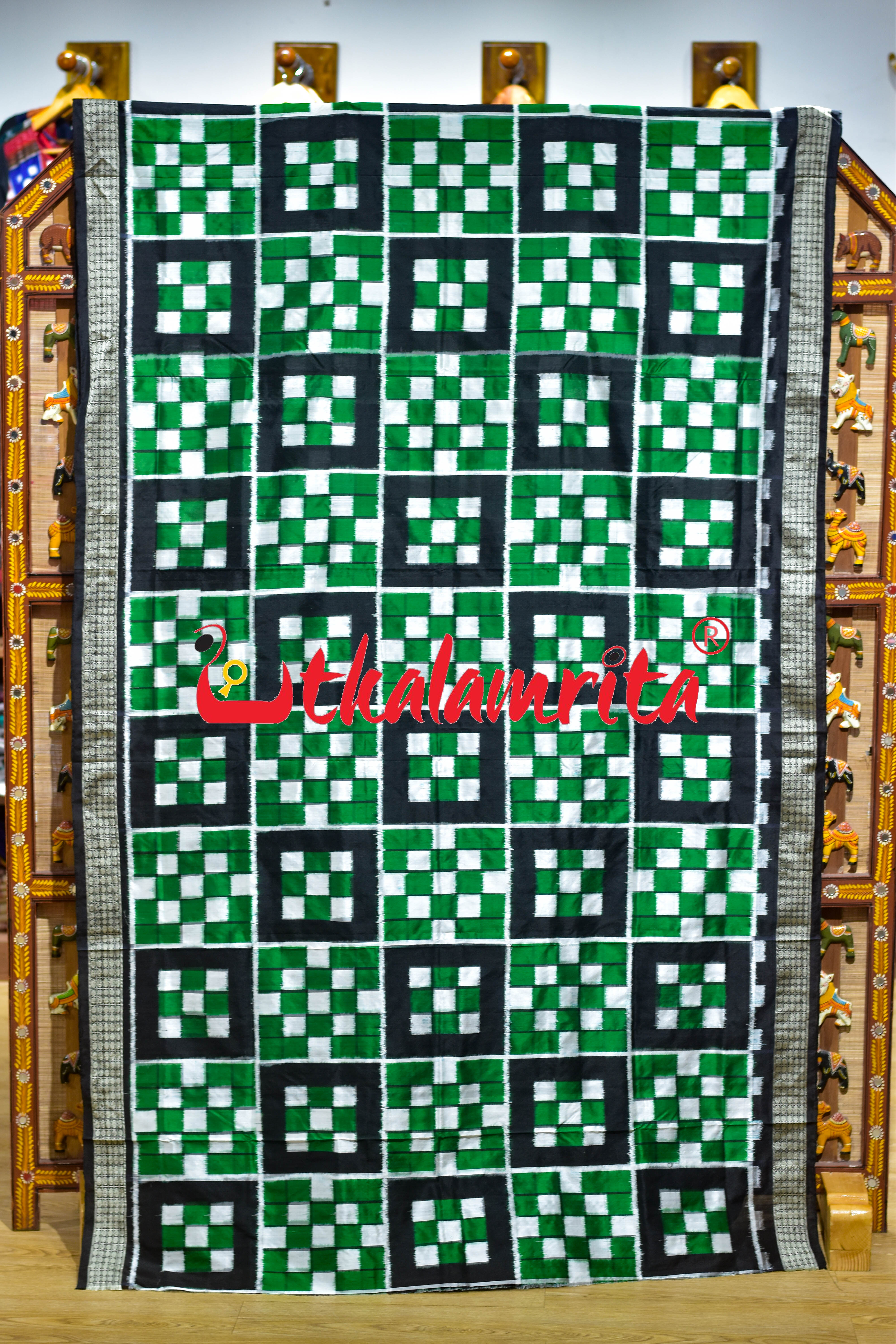 5 Kuthi Green Black White Pasapali Sambalpuri Silk Saree