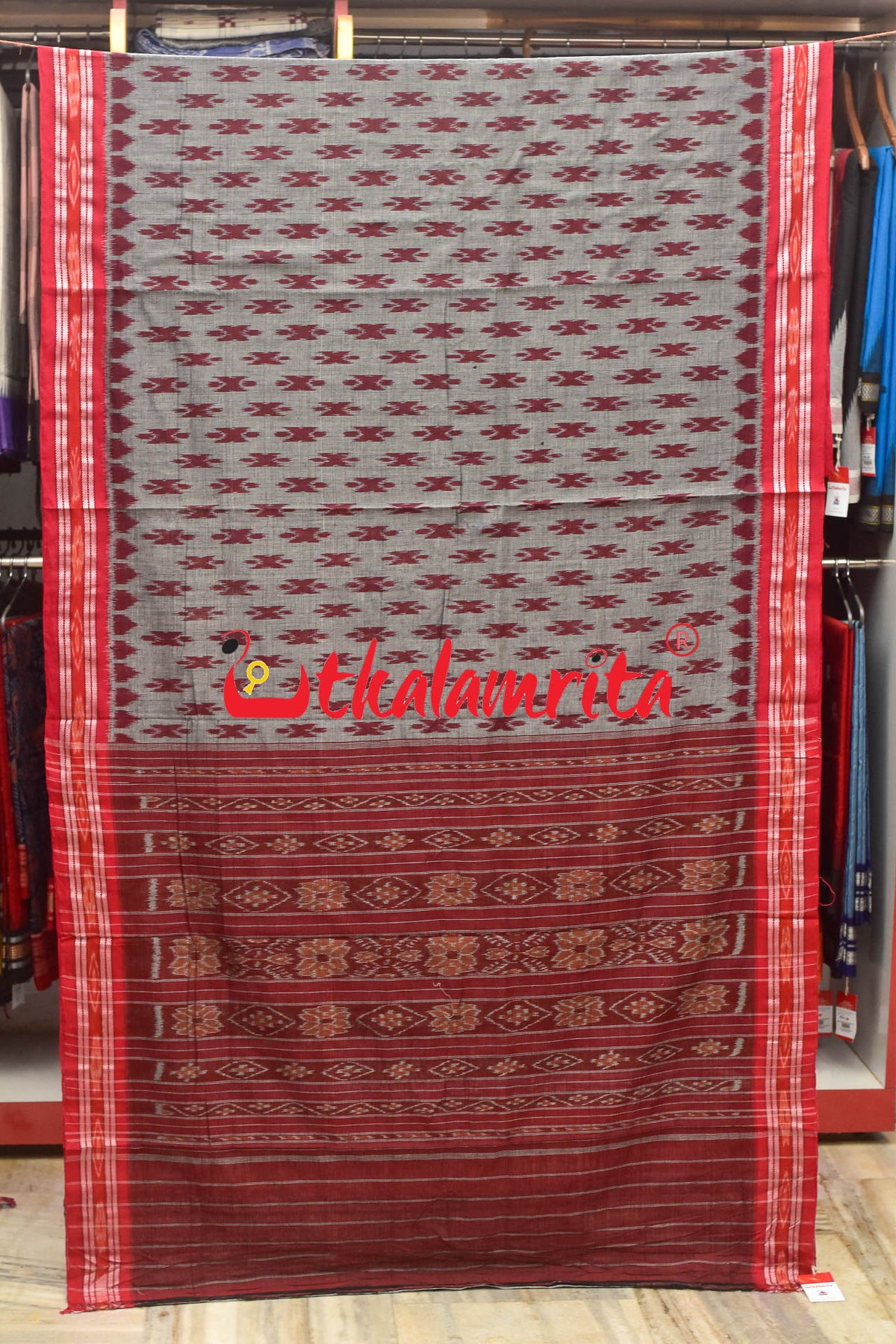 Grey Maroon Body Bandha Khandua Cotton Saree