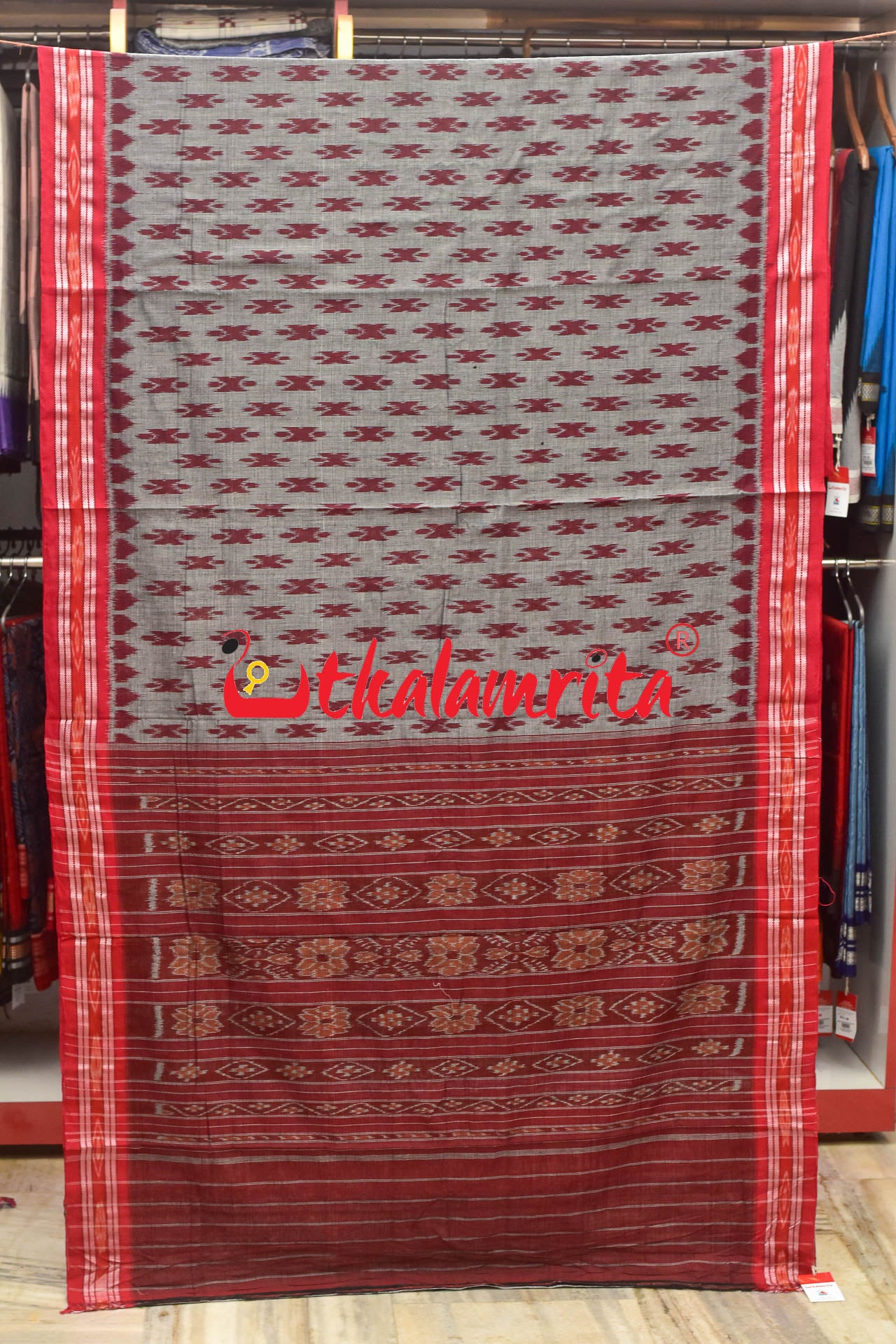 Grey Maroon Body Bandha Khandua Cotton Saree