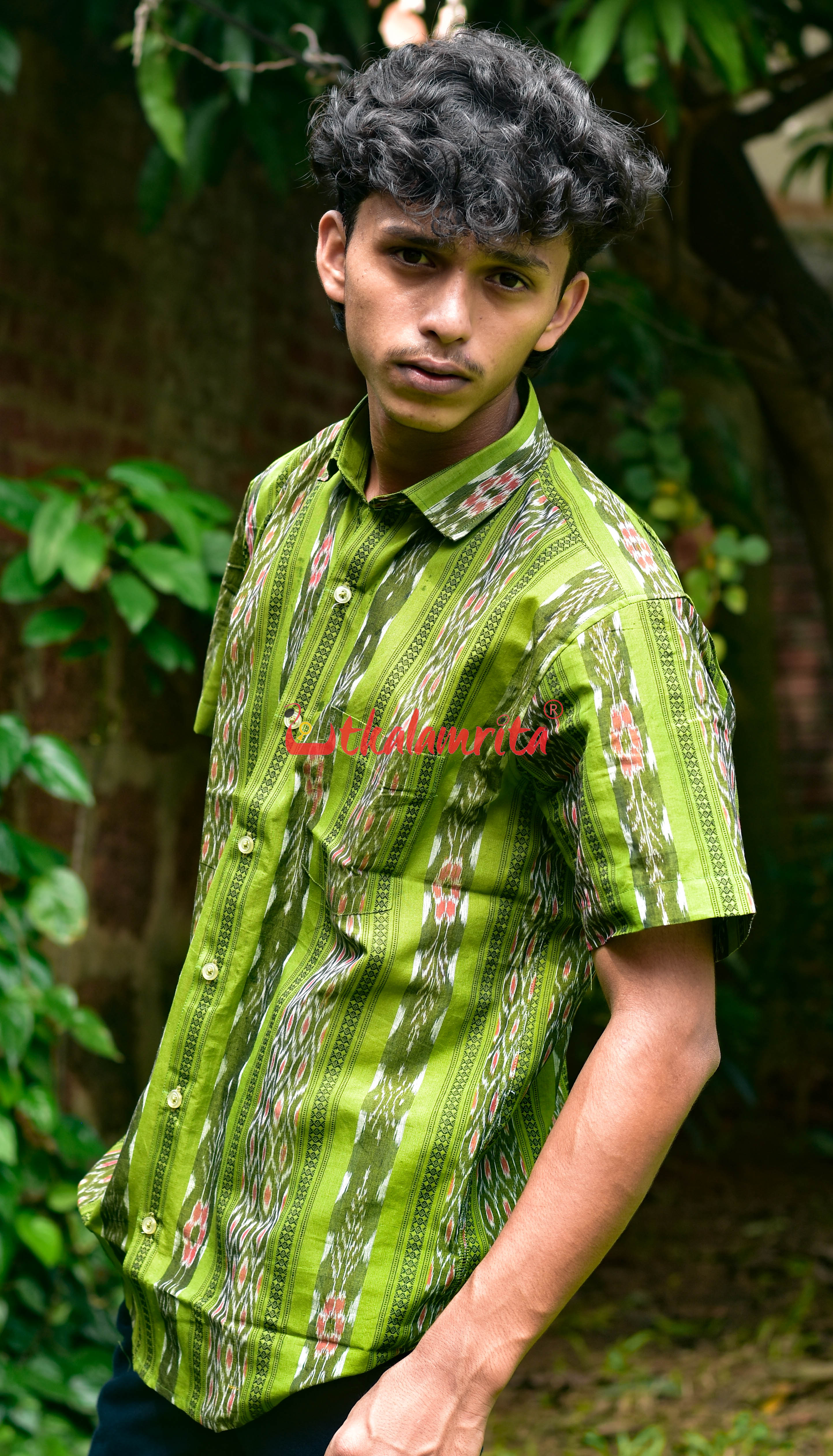 Mehendi Green Flower Ikat (Mens' Half Shirt)