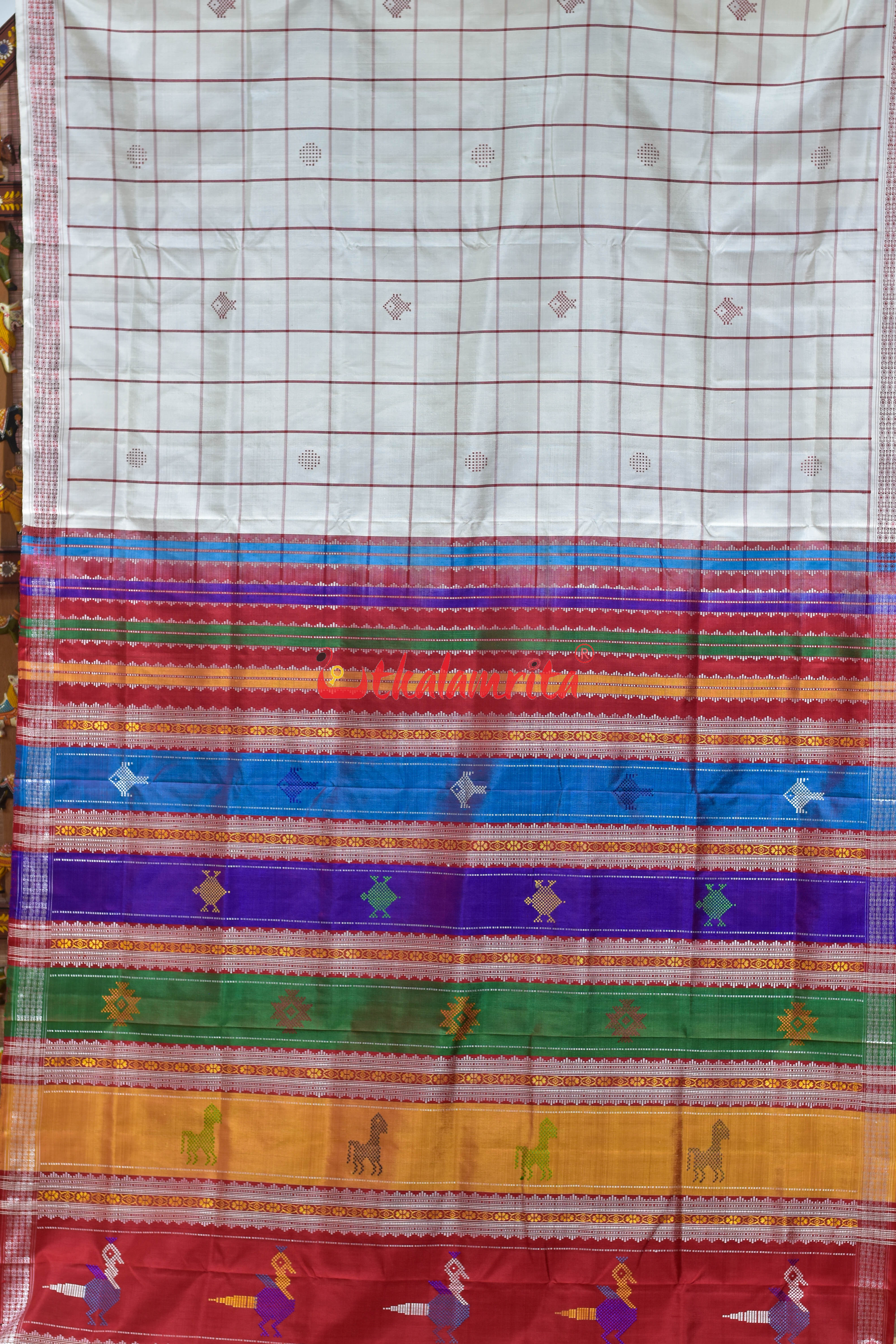 Off White Red Double Anchal Berhampuri Silk Saree