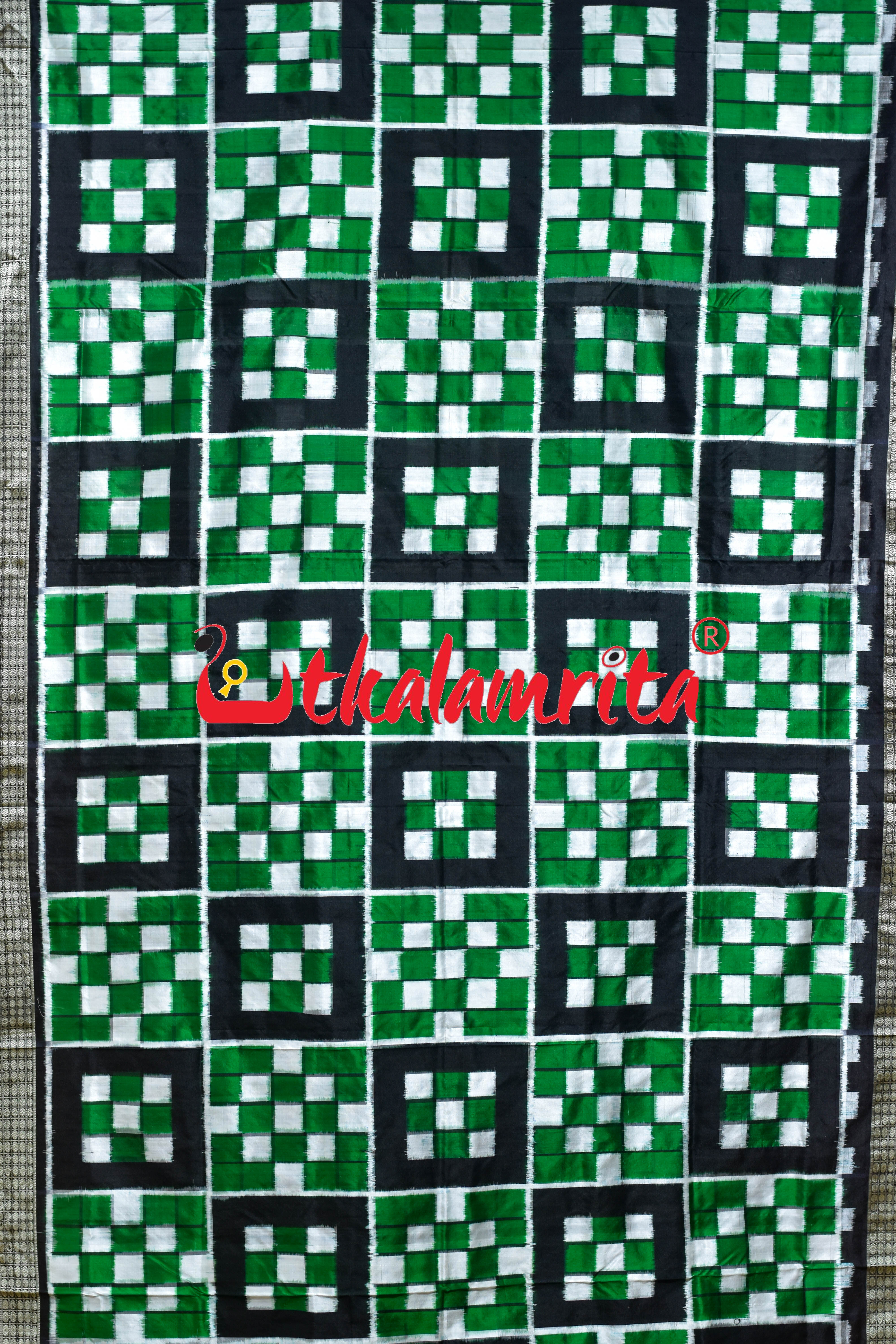 5 Kuthi Green Black White Pasapali Sambalpuri Silk Saree