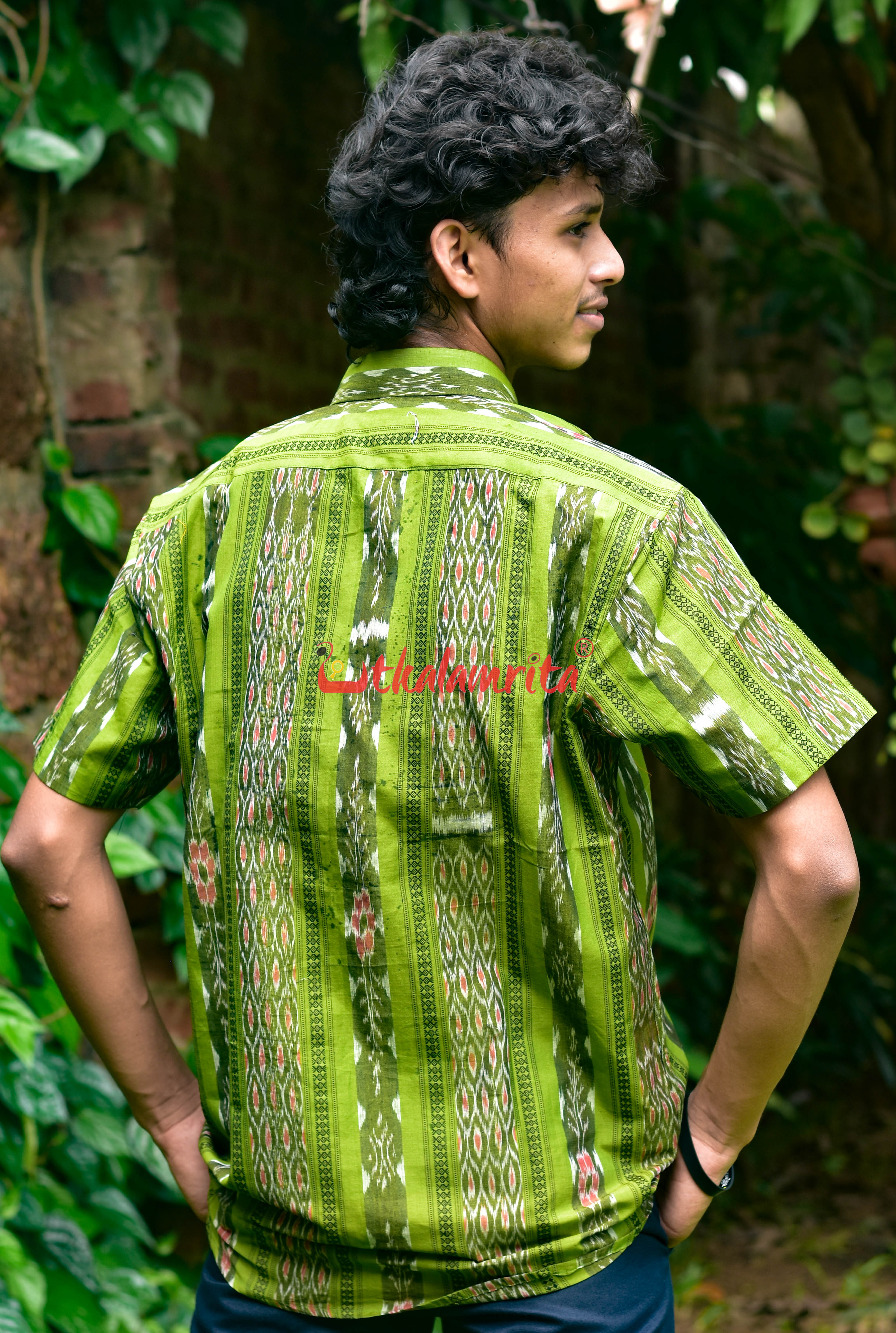 Mehendi Green Flower Ikat (Mens' Half Shirt)