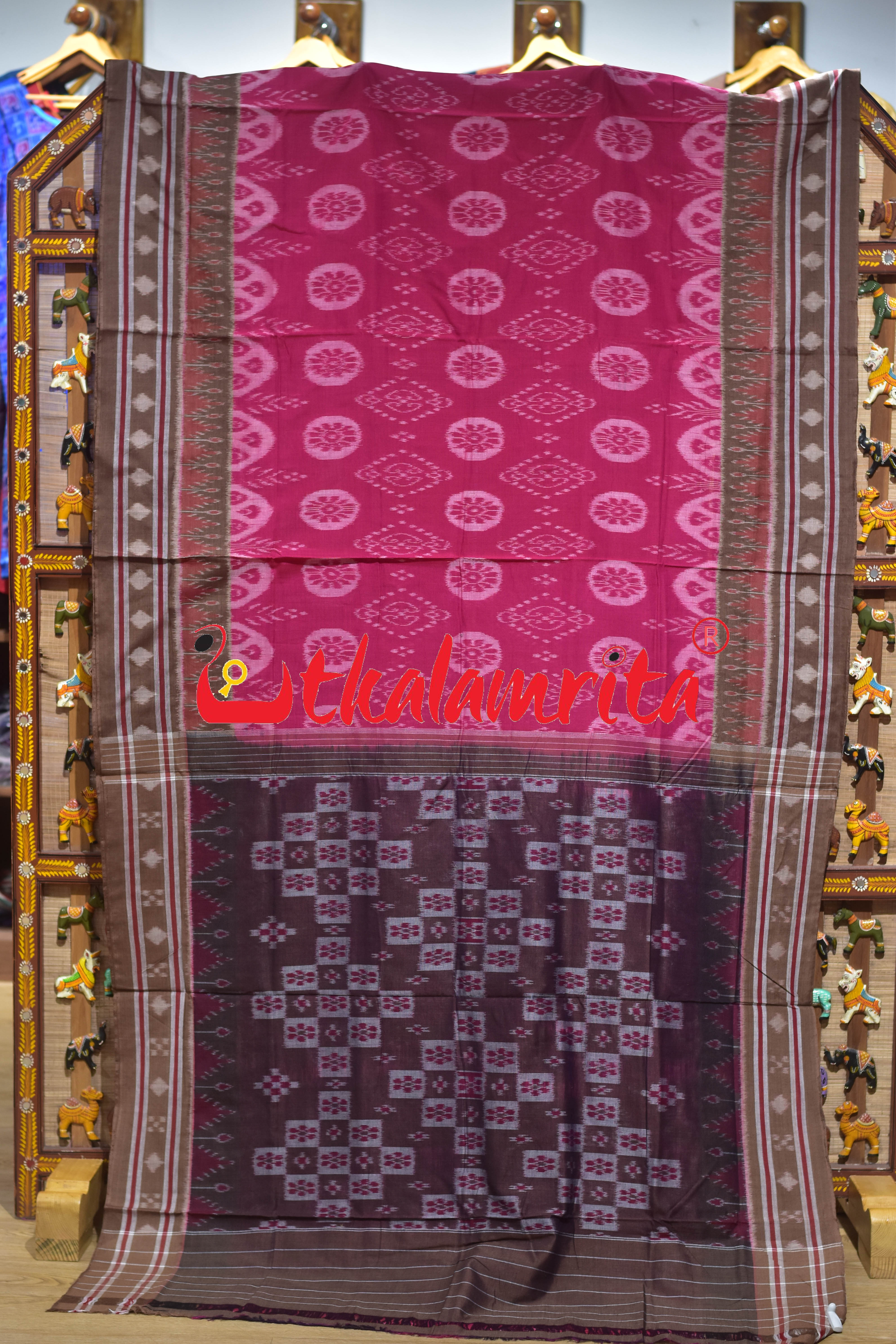 Raspberry Pink Flower Bandha Khandua Cotton Sraee